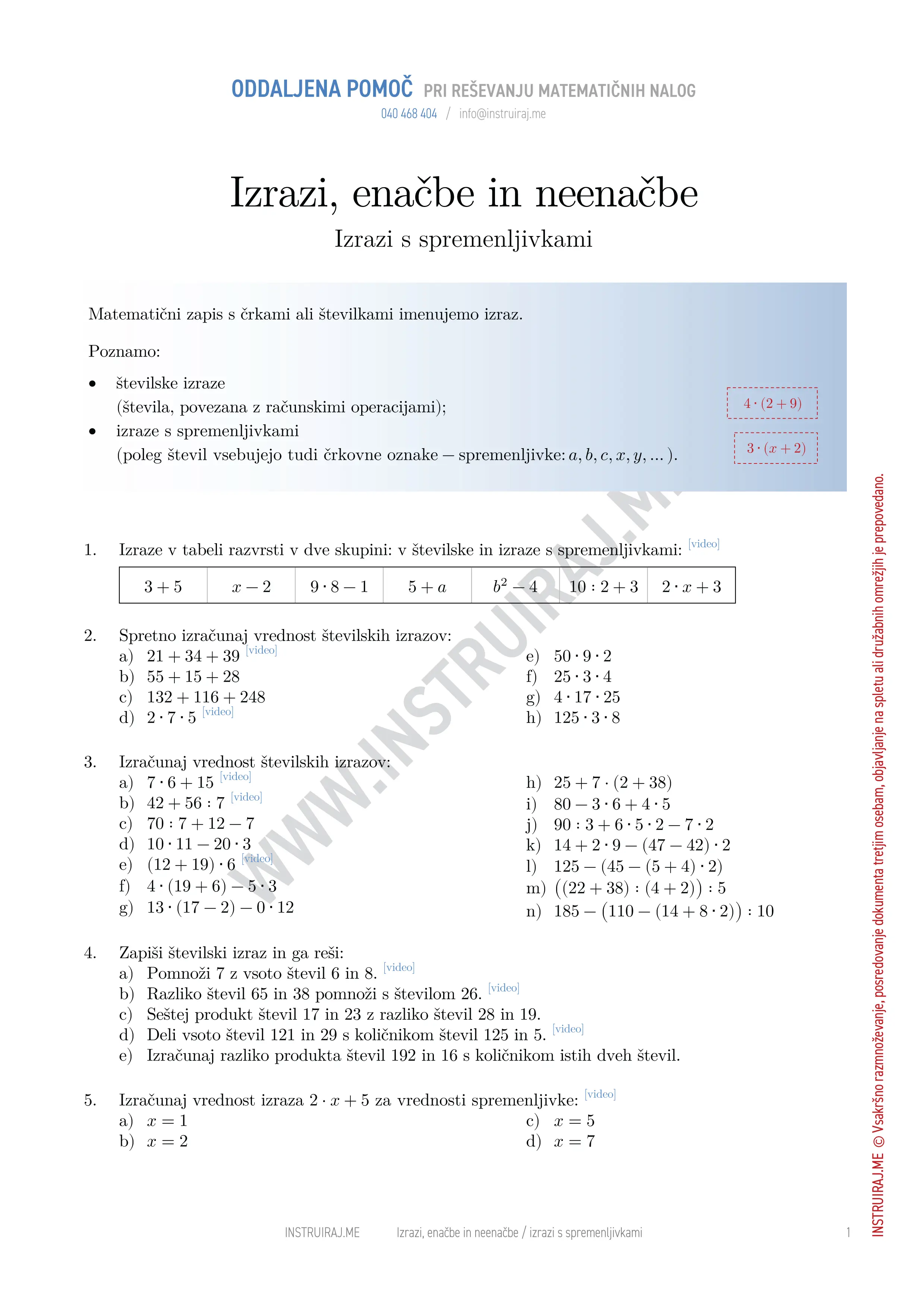 Izrazi, enačbe in neenačbe: Izrazi s spremenljivkami