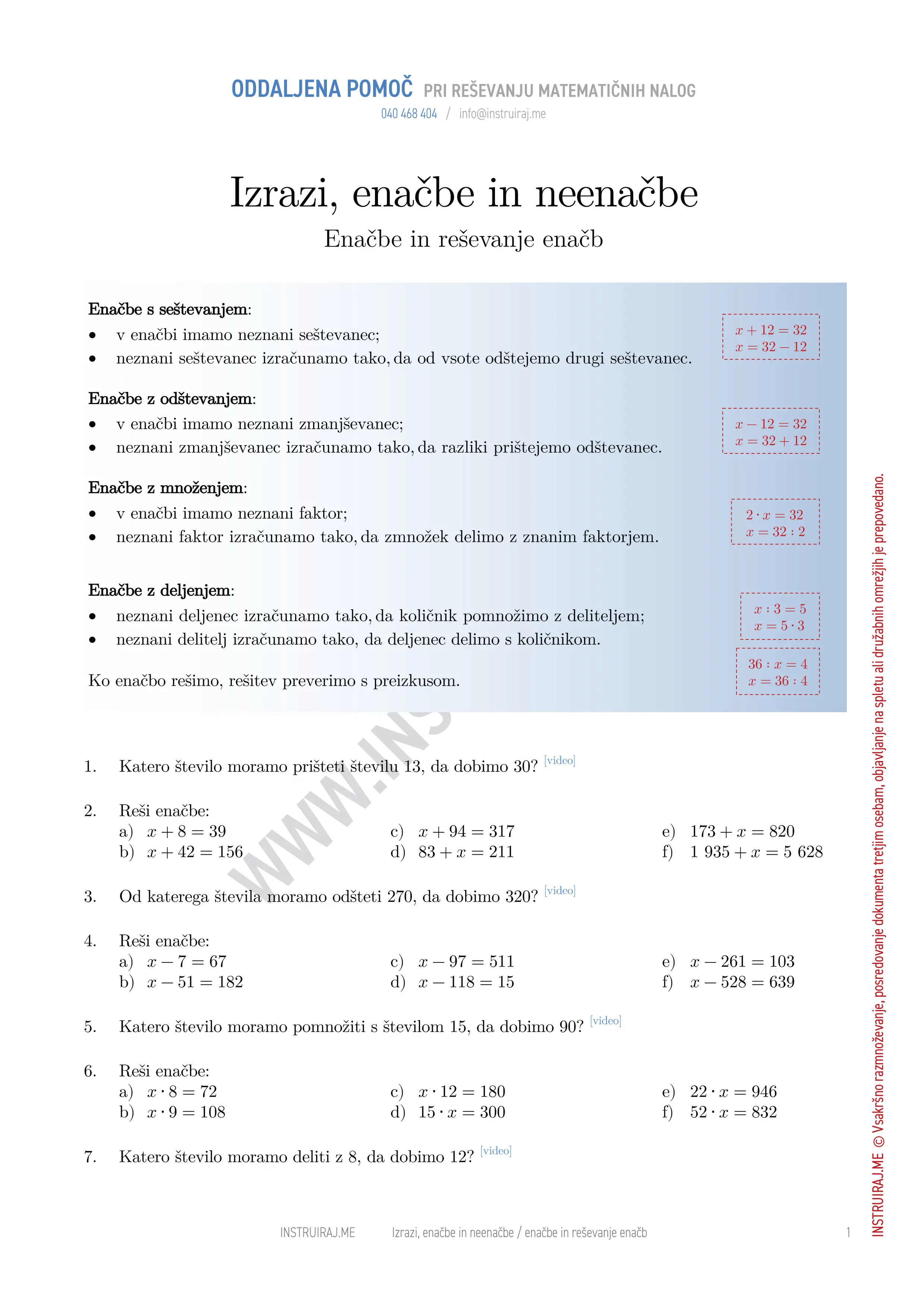 Izrazi, enačbe in neenačbe: Enačbe in reševanje enačb