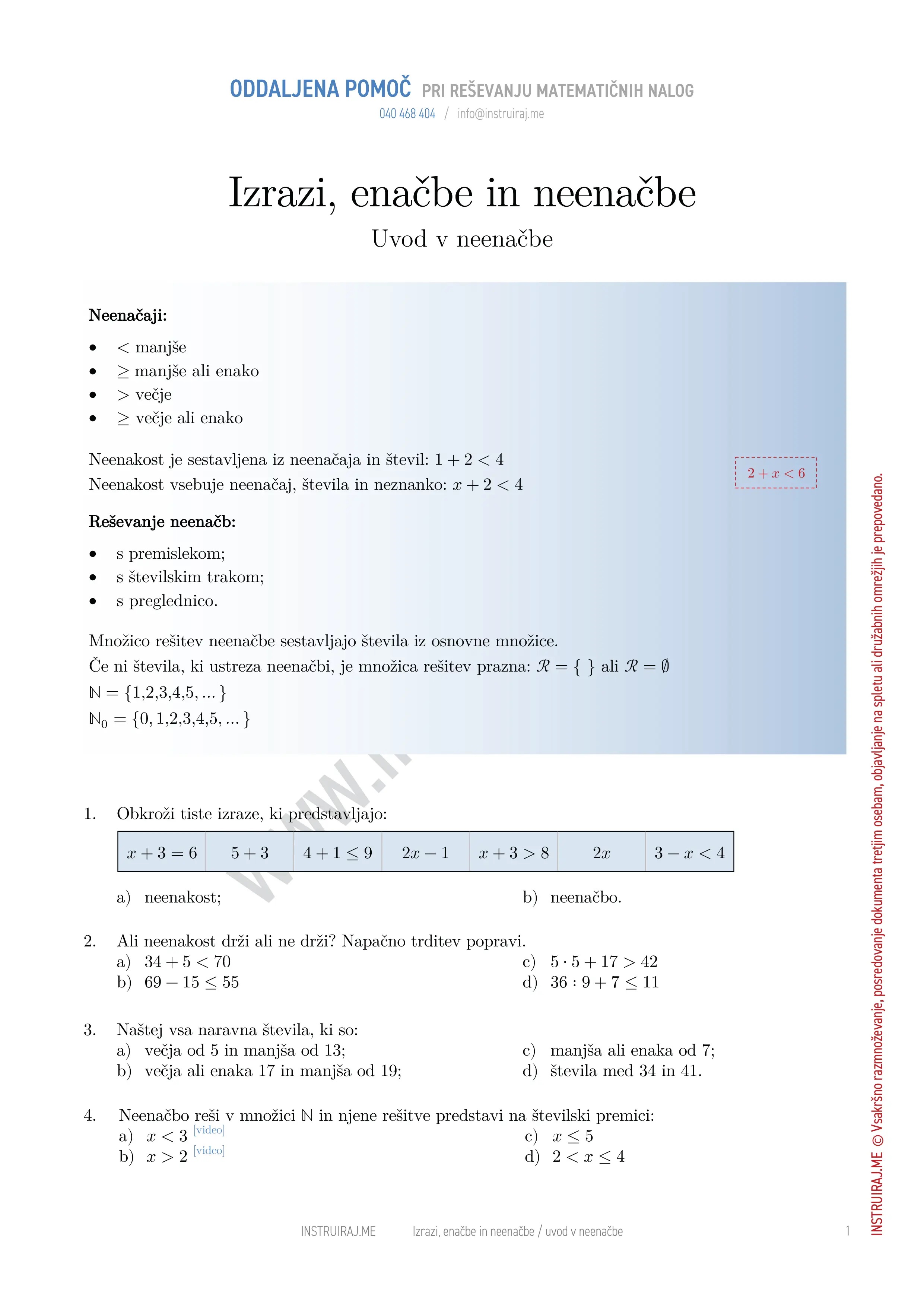 Izrazi, enačbe in neenačbe: Uvod v neenačbe