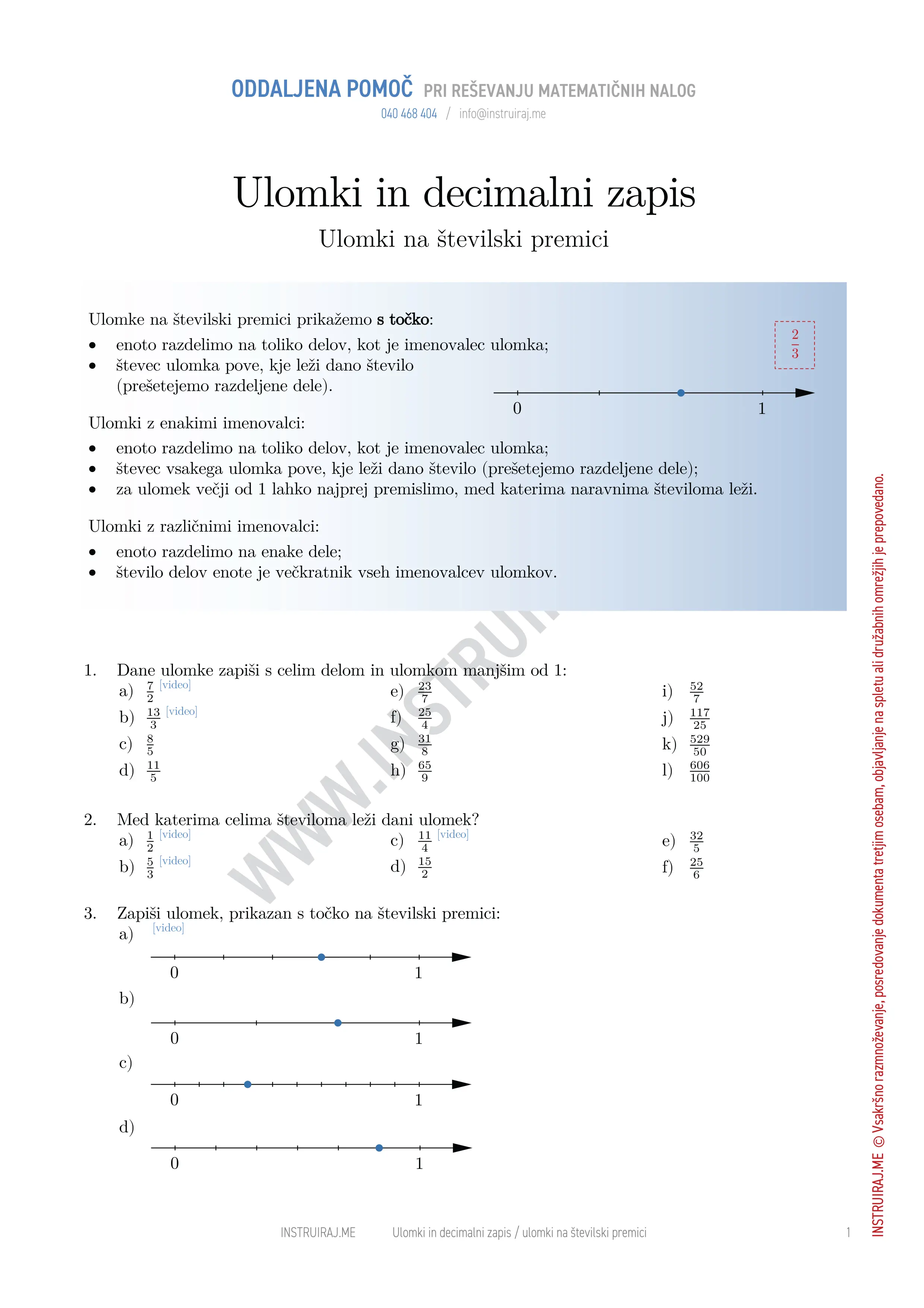 Ulomki in decimalni zapis: Ulomki na številski premici