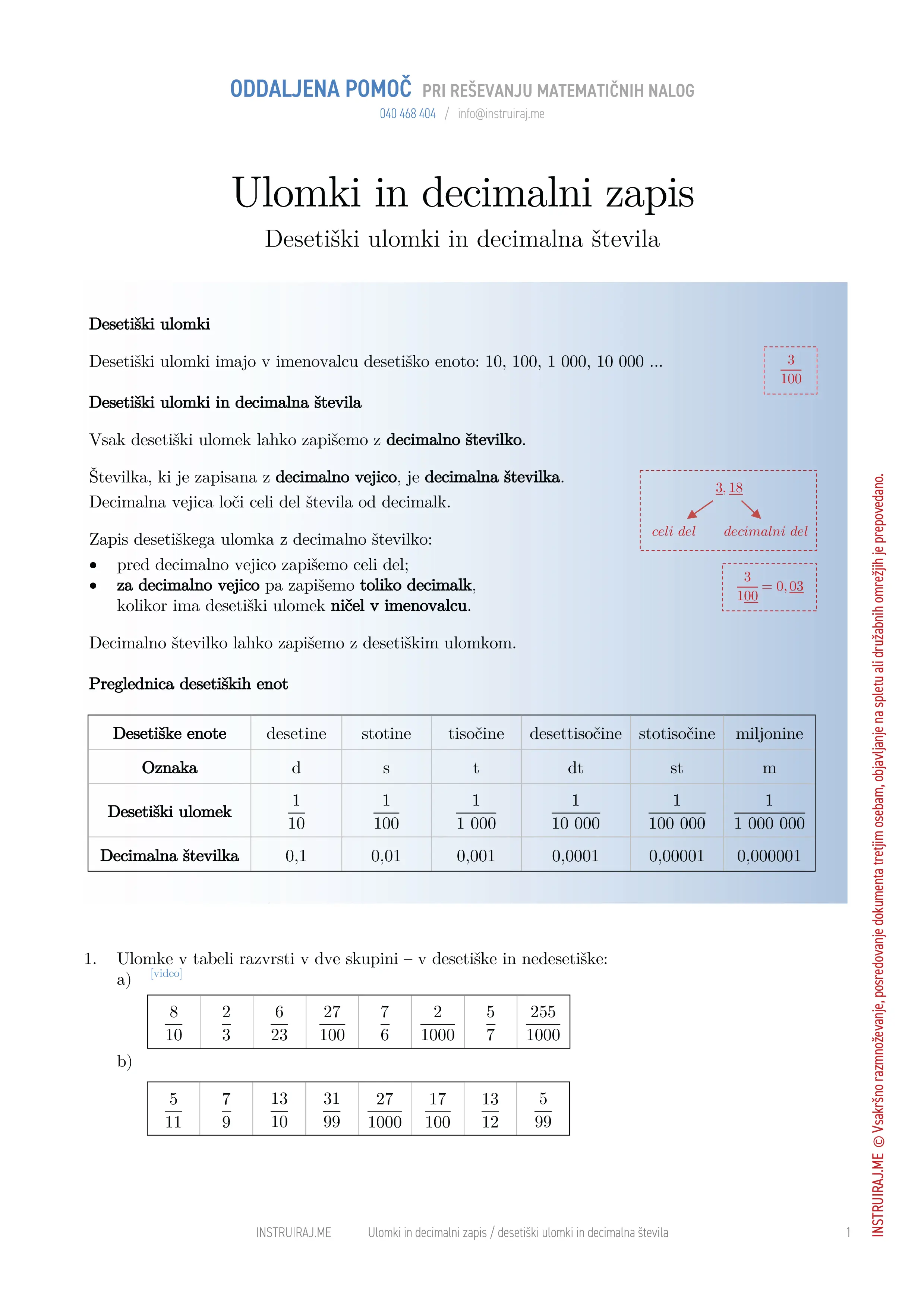 Ulomki in decimalni zapis: Desetiški ulomki in decimalna števila