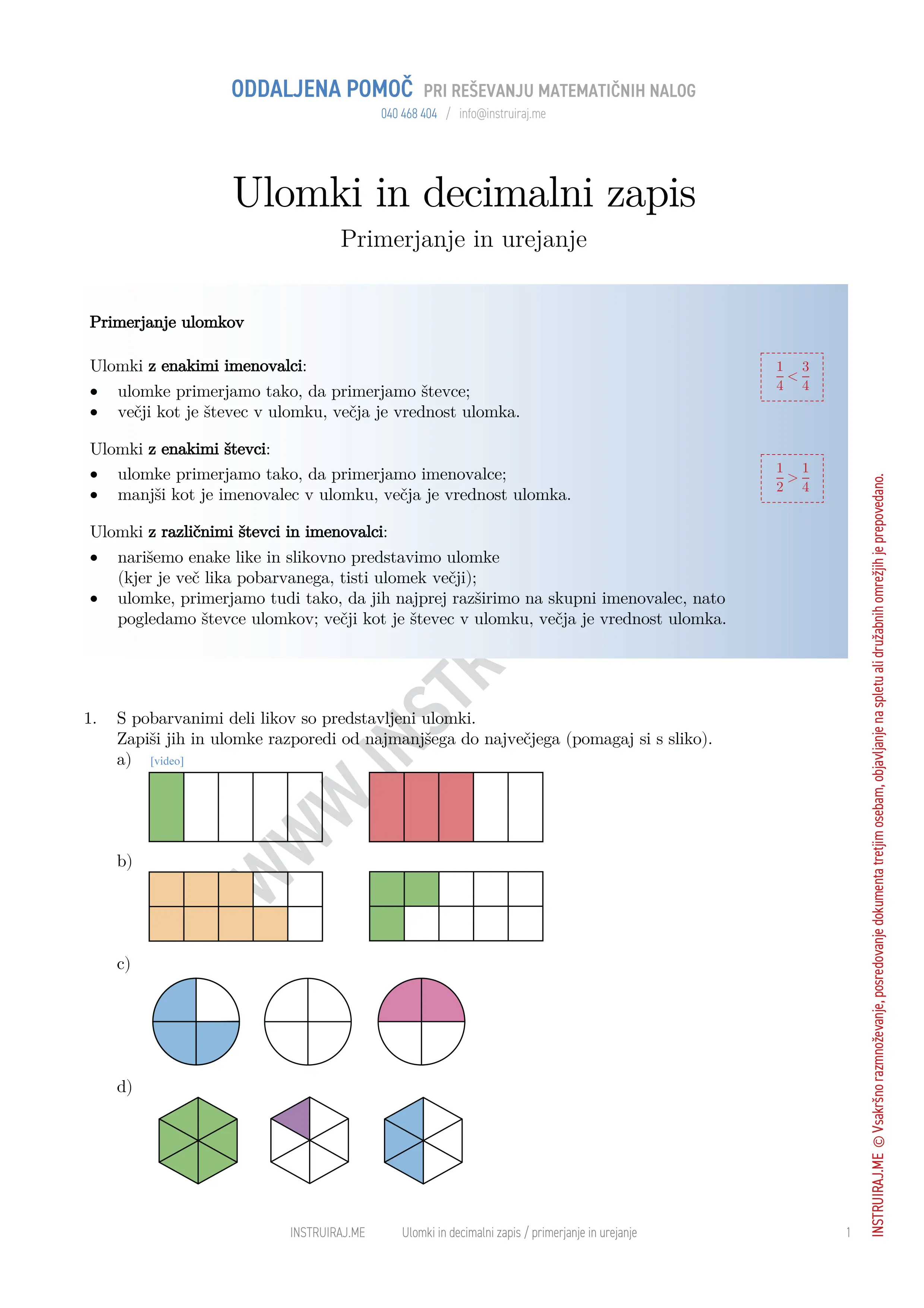 Ulomki in decimalni zapis: Primerjanje in urejanje