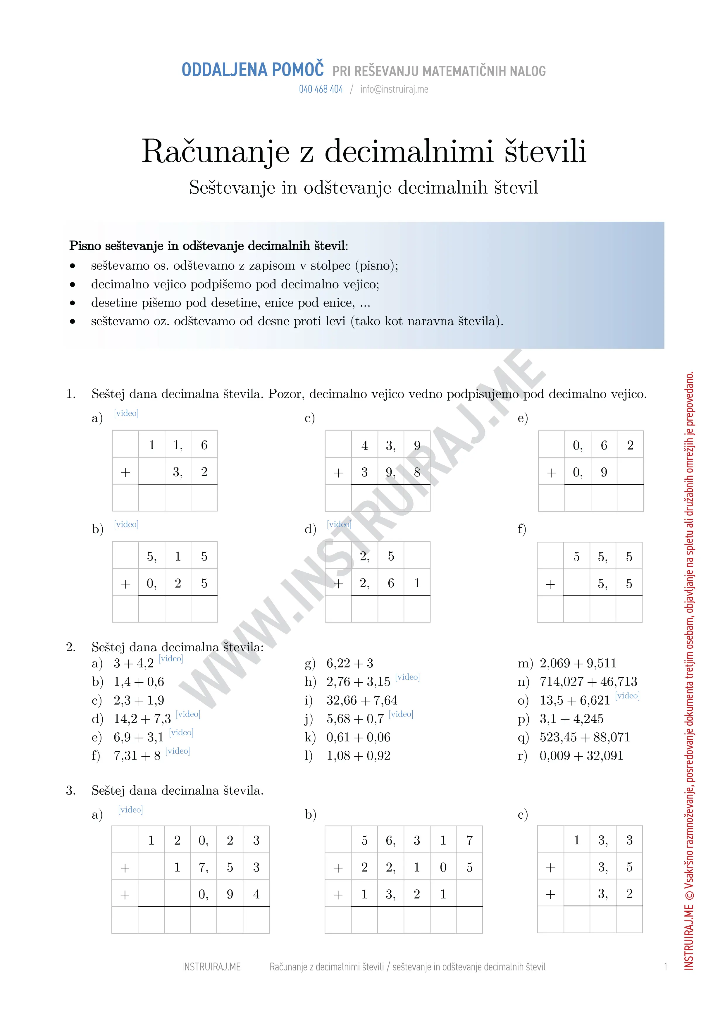 Računanje z decimalnimi števili: Seštevanje in odštevanje decimalnih števil