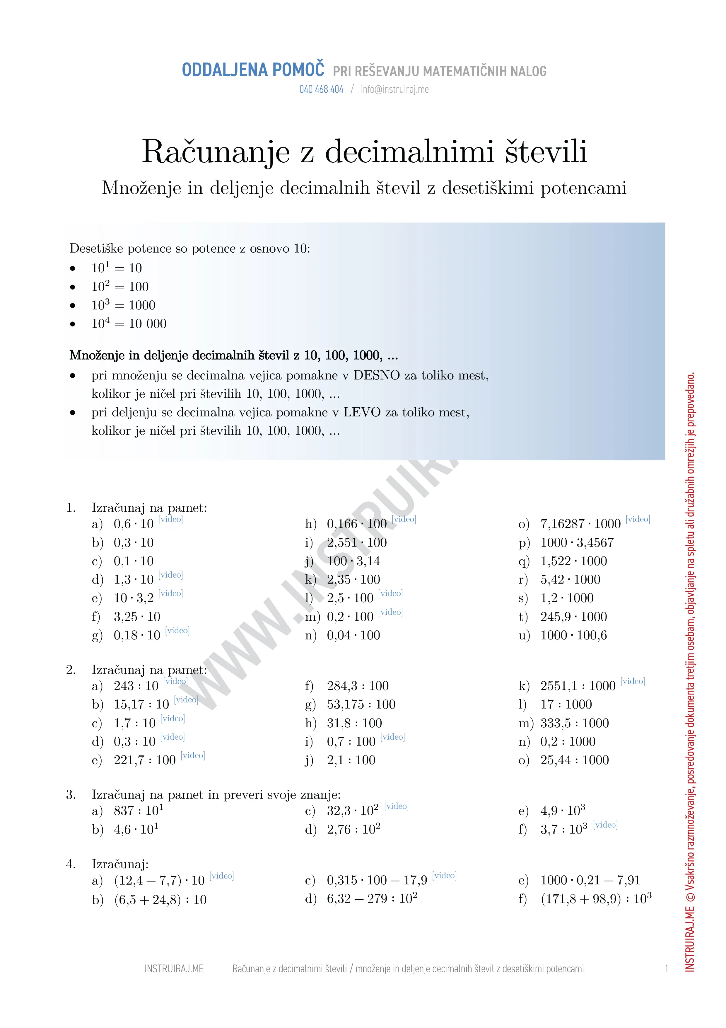 Računanje z decimalnimi števili: Množenje in deljenje decimalnih števil z desetiškimi potencami