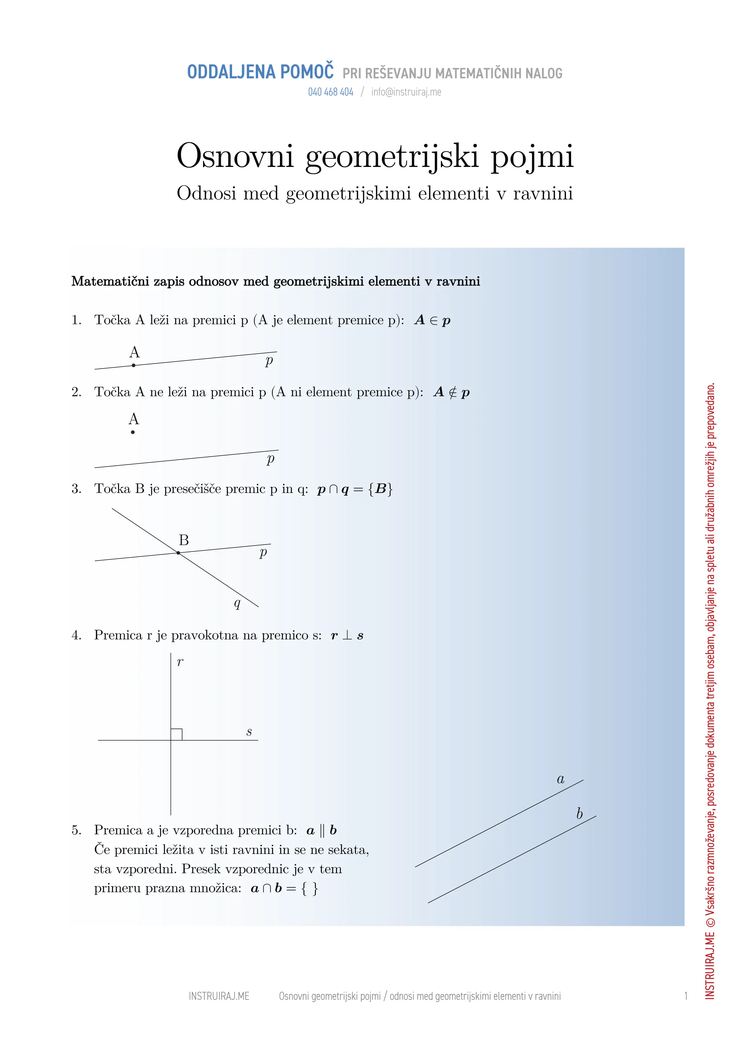Osnovni geometrijski pojmi: Odnosi med geometrijskimi elementi v ravnini