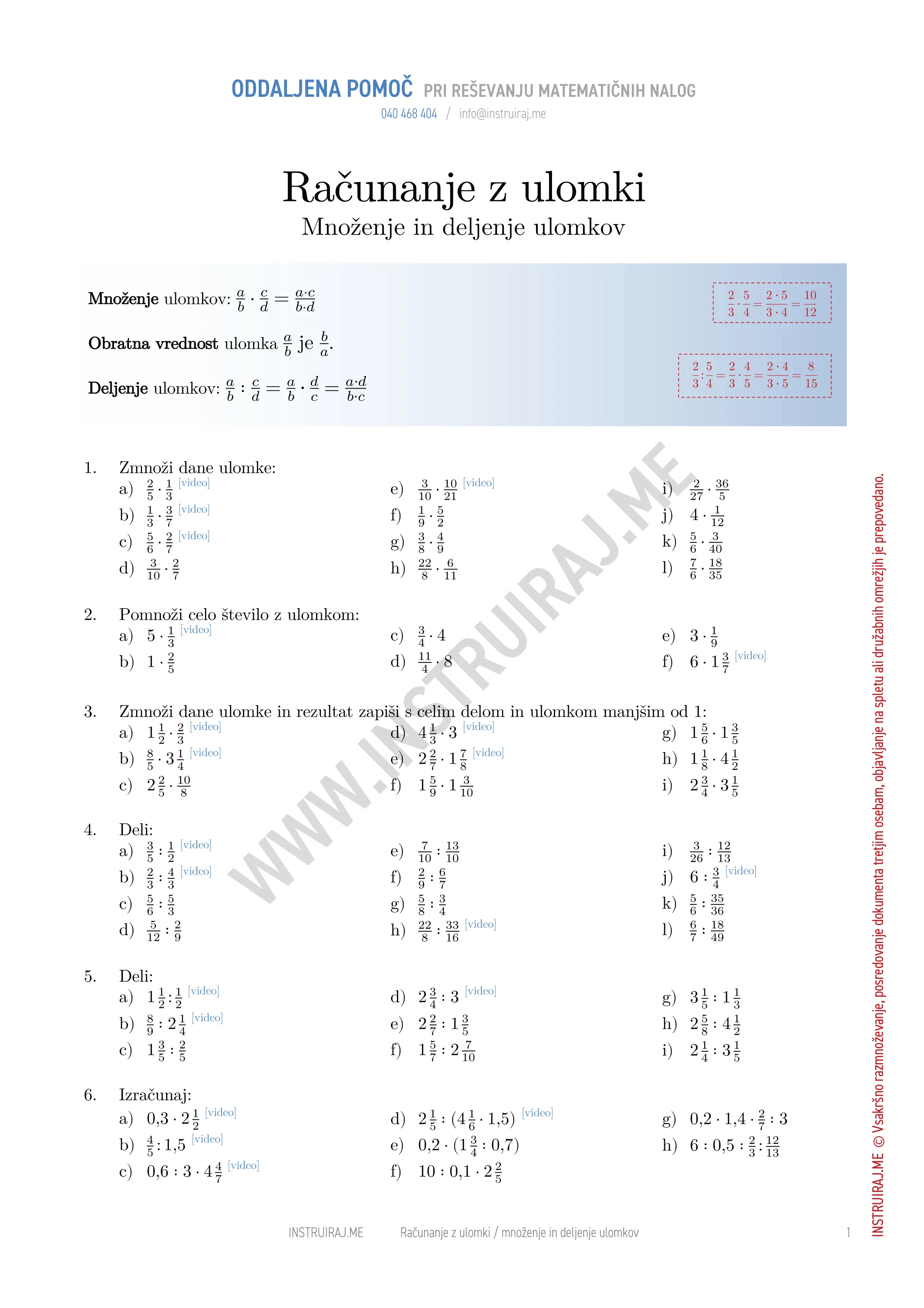 Računanje z ulomki: Množenje in deljenje ulomkov