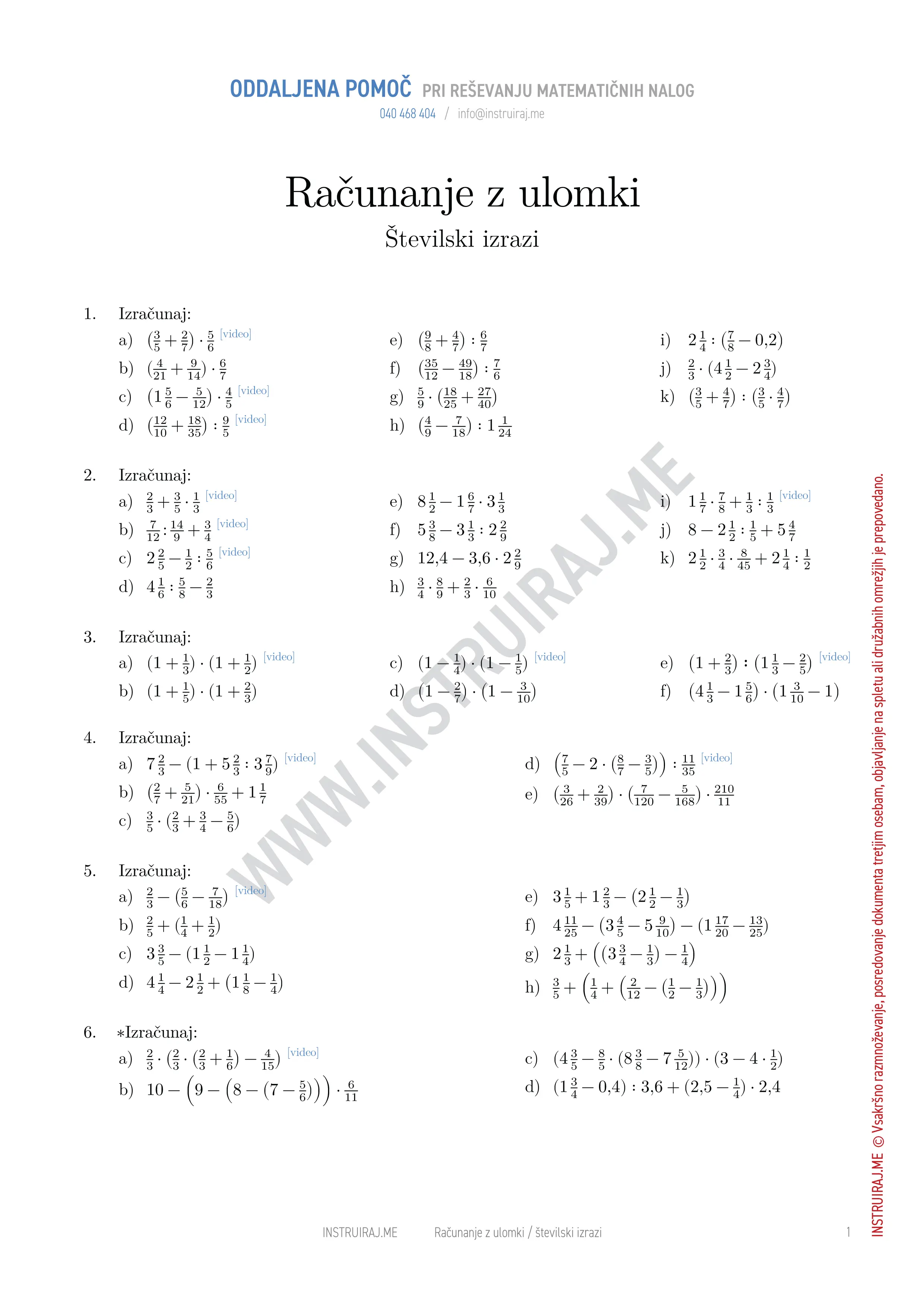 Računanje z ulomki: Številski izrazi