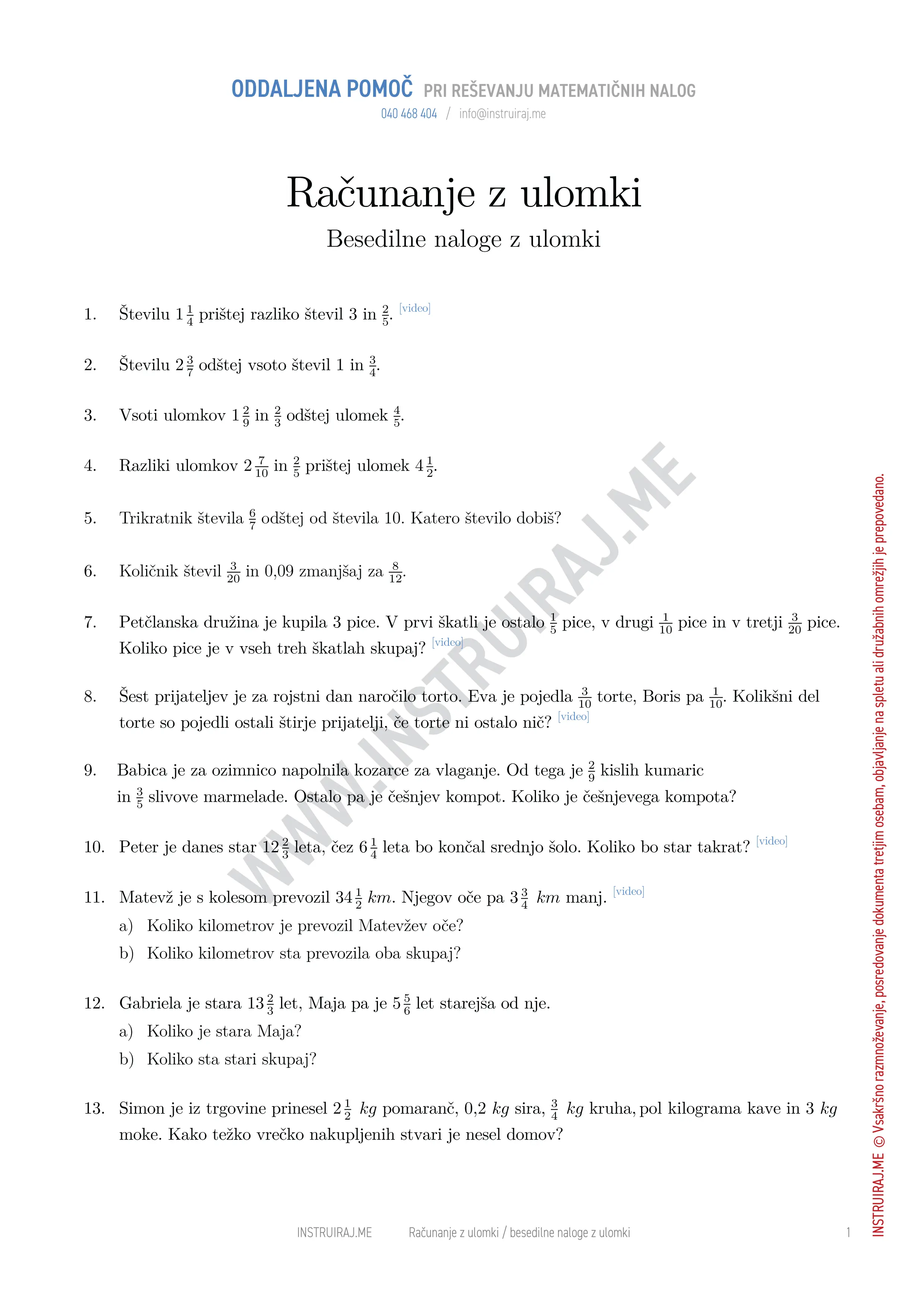 Računanje z ulomki: Besedilne naloge z ulomki