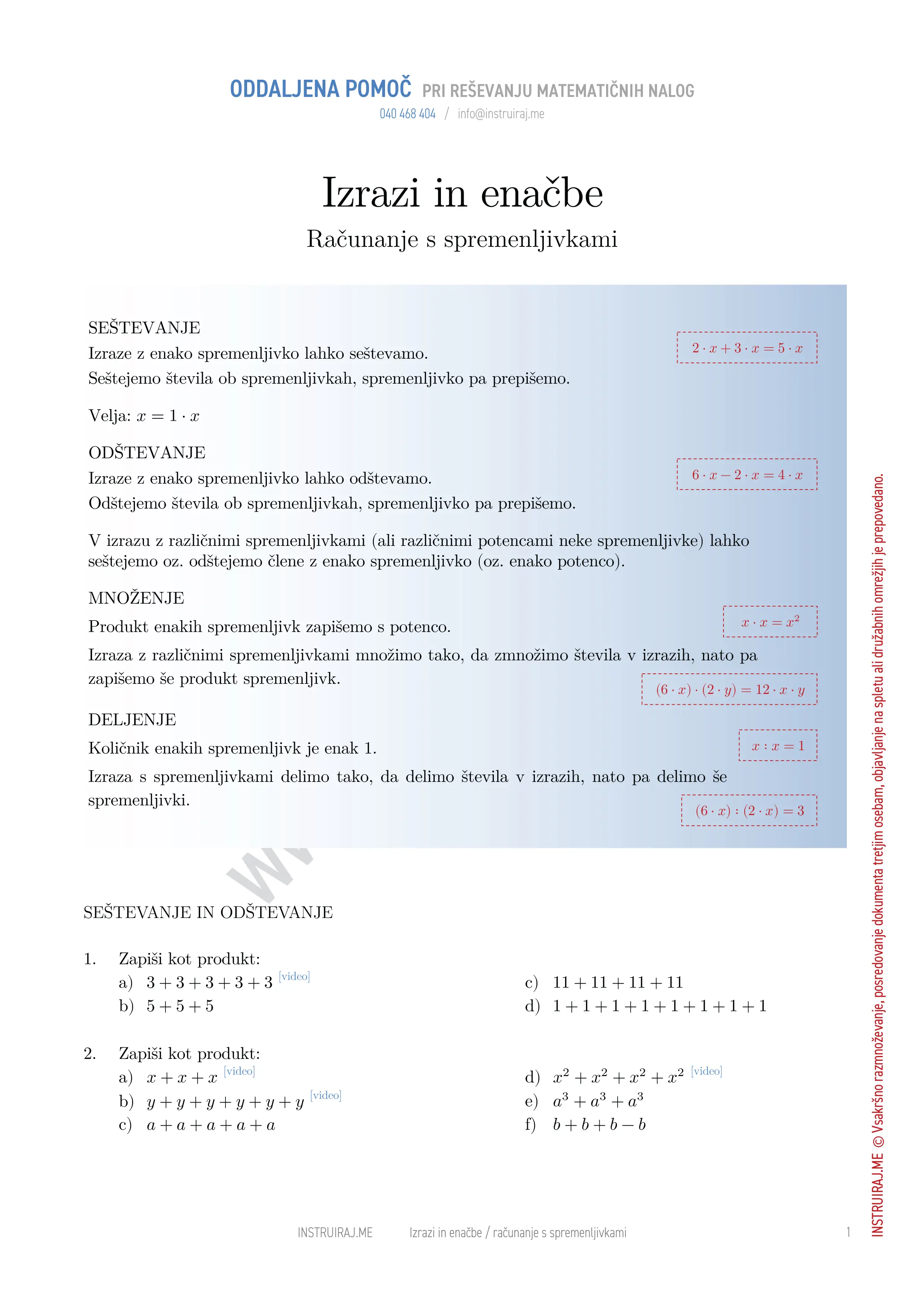 Izrazi in enačbe: Računanje s spremenljivkami