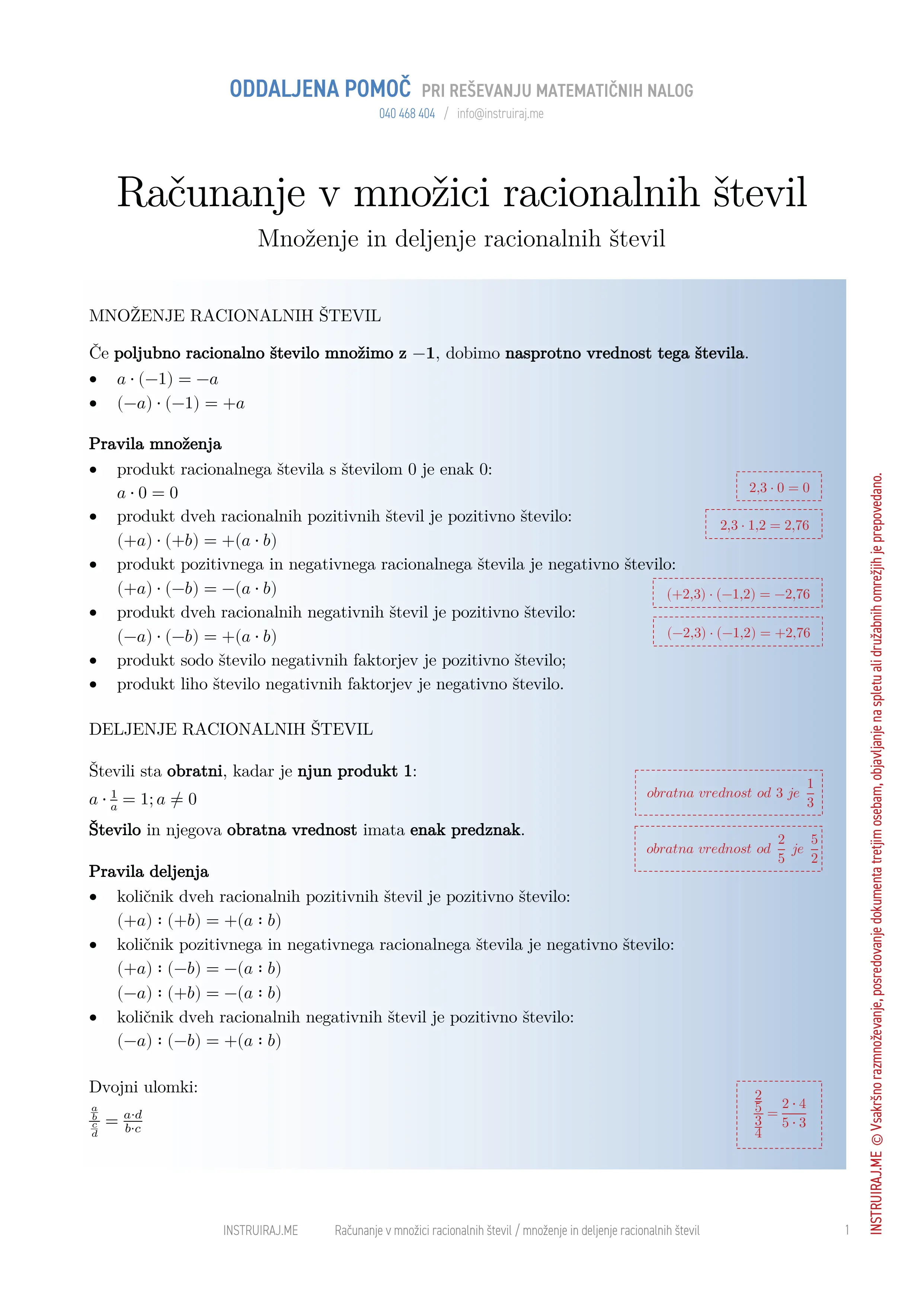 Računanje v množici racionalnih števil: Množenje in deljenje racionalnih števil
