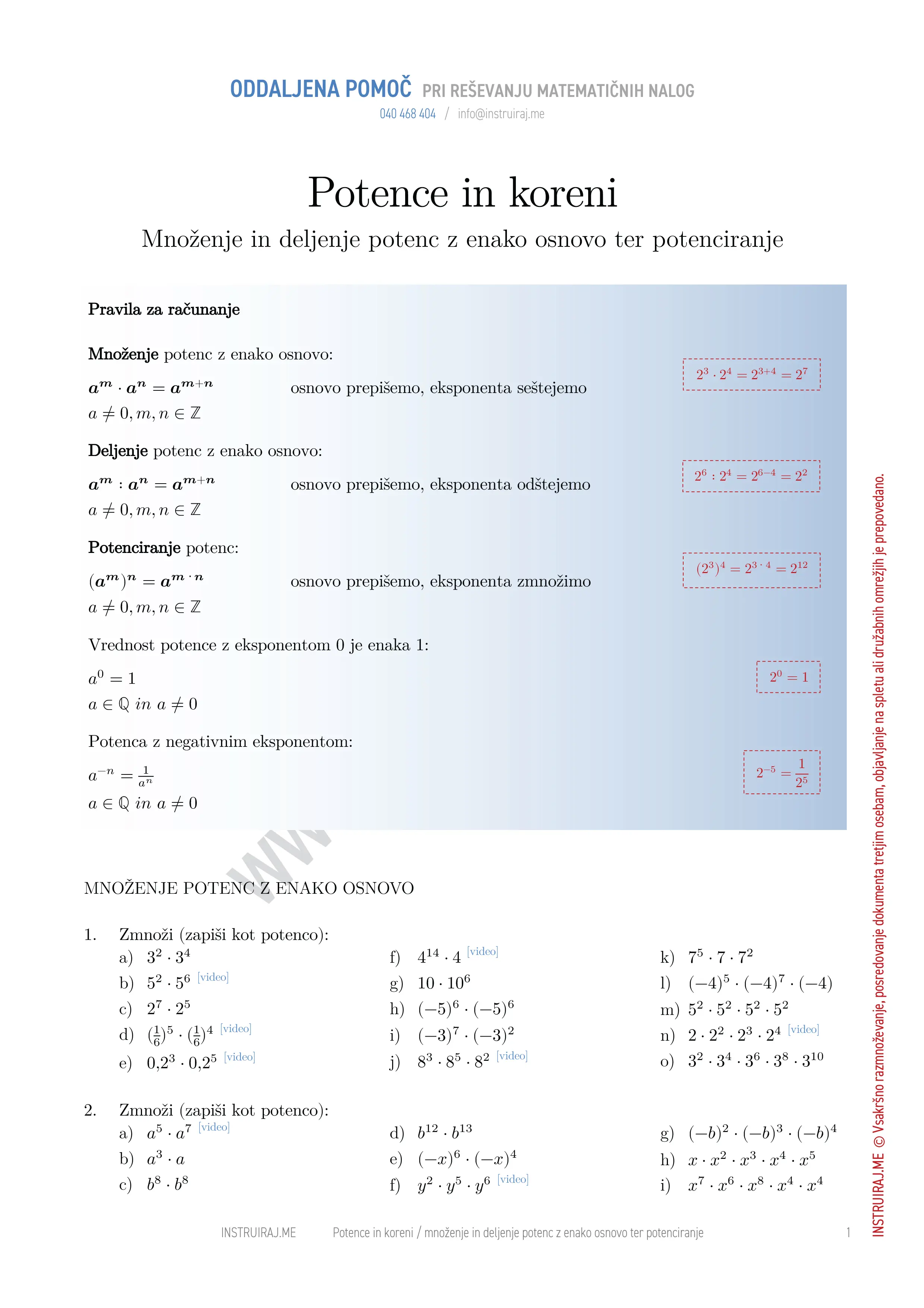 Potence in koreni: Množenje in deljenje potenc z enako osnovo ter potenciranje