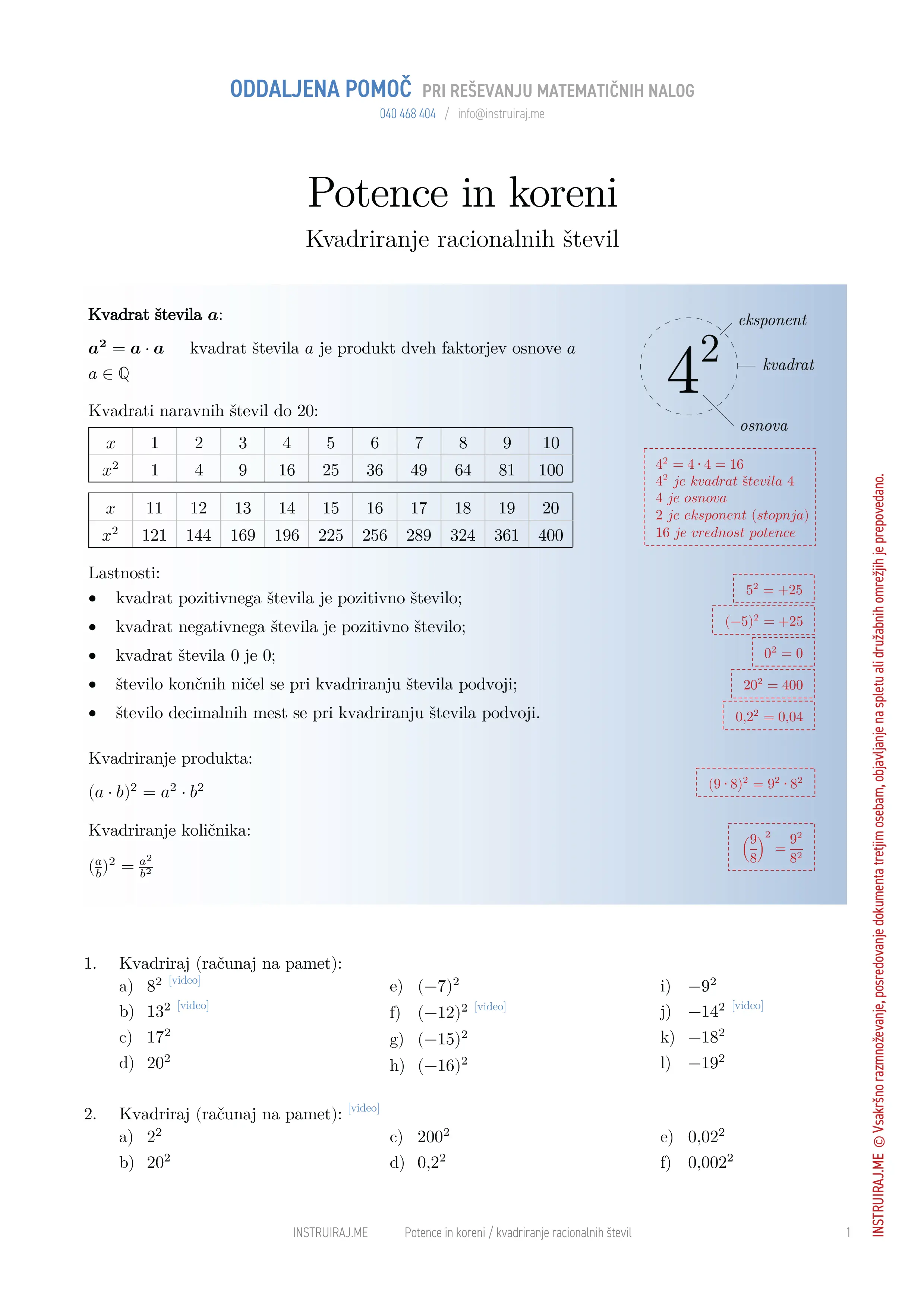 Potence in koreni: Kvadriranje racionalnih števil