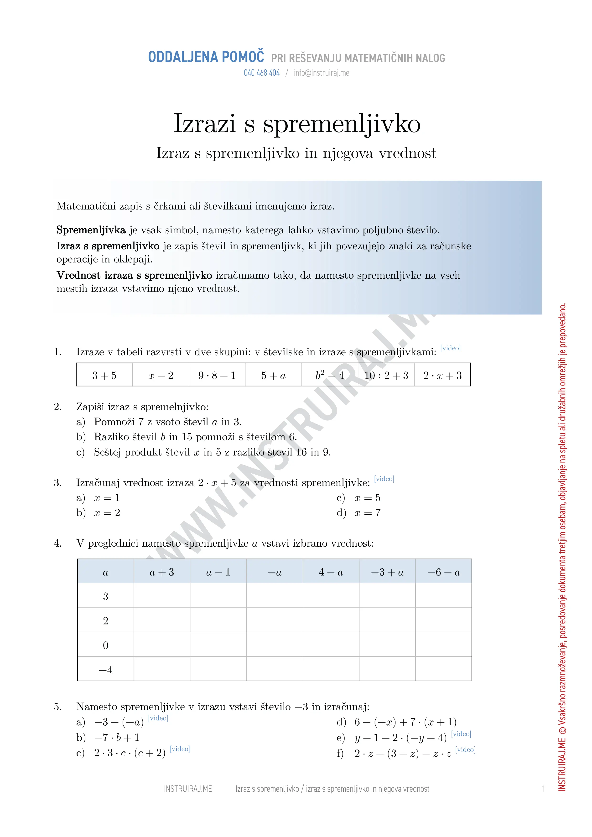 Izrazi s spremenljivko: Izraz s spremenljivko in njegova vrednost