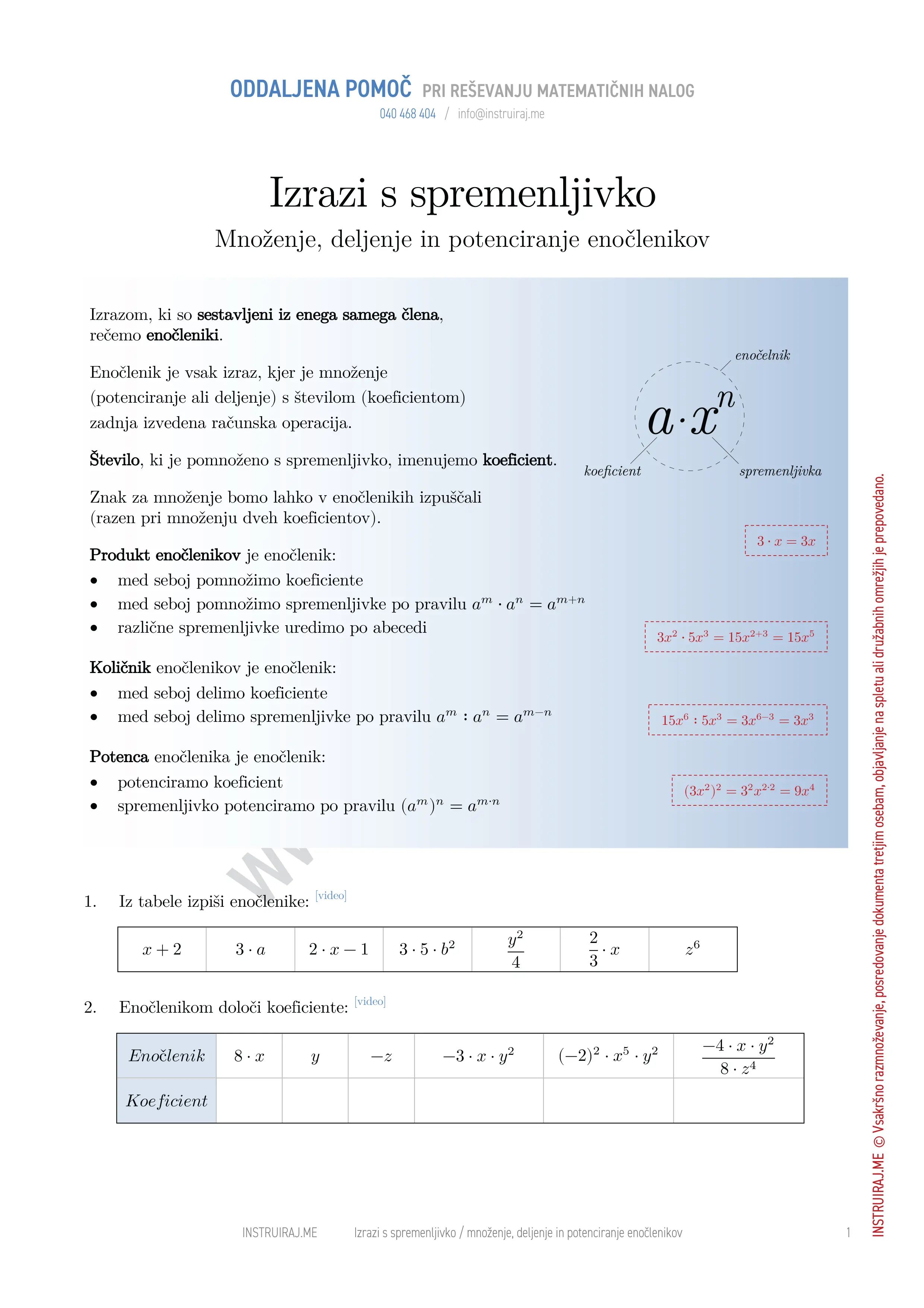 Izrazi s spremenljivko: Množenje, deljenje in potenciranje enočlenikov
