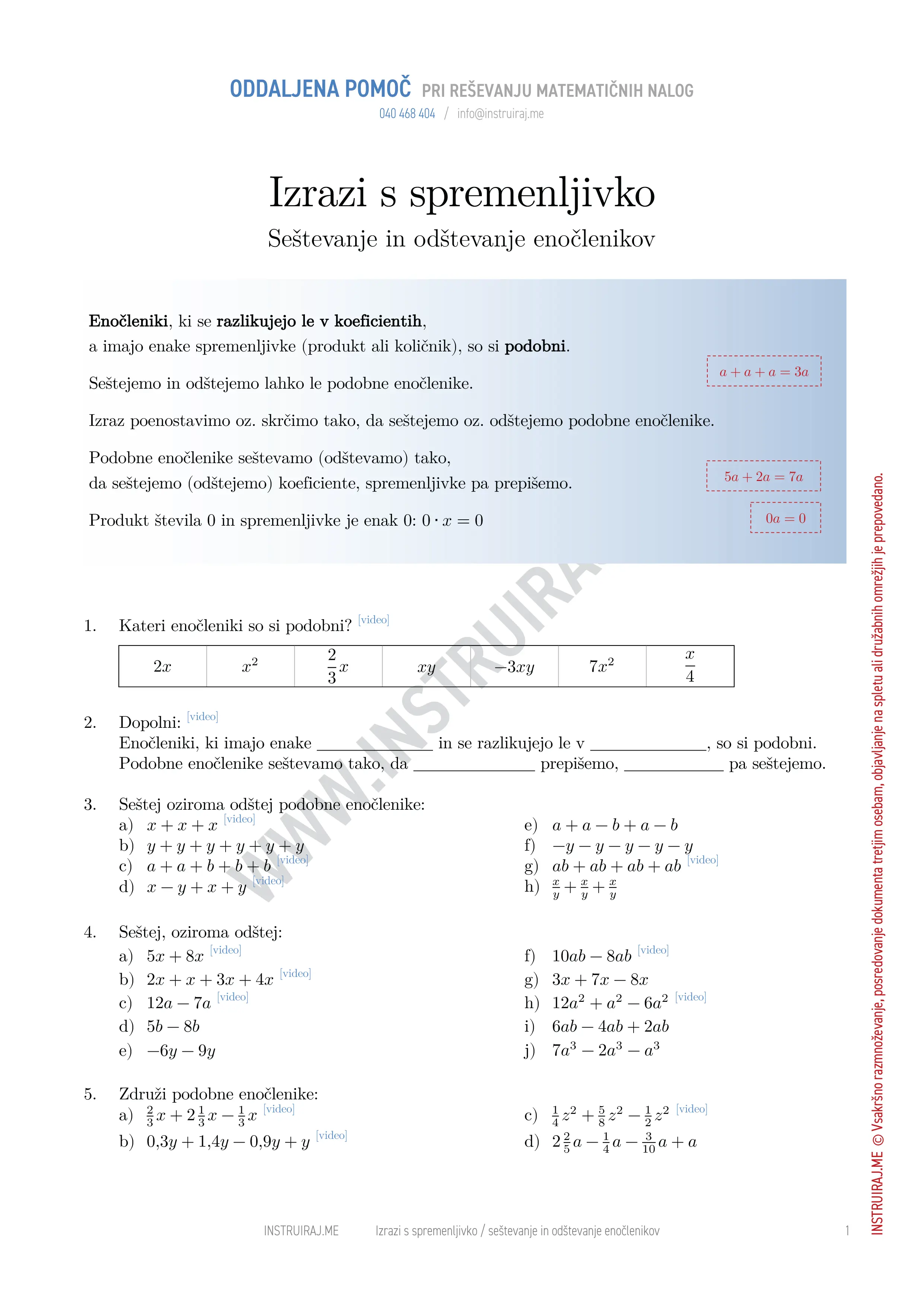 Izrazi s spremenljivko: Seštevanje in odštevanje enočlenikov