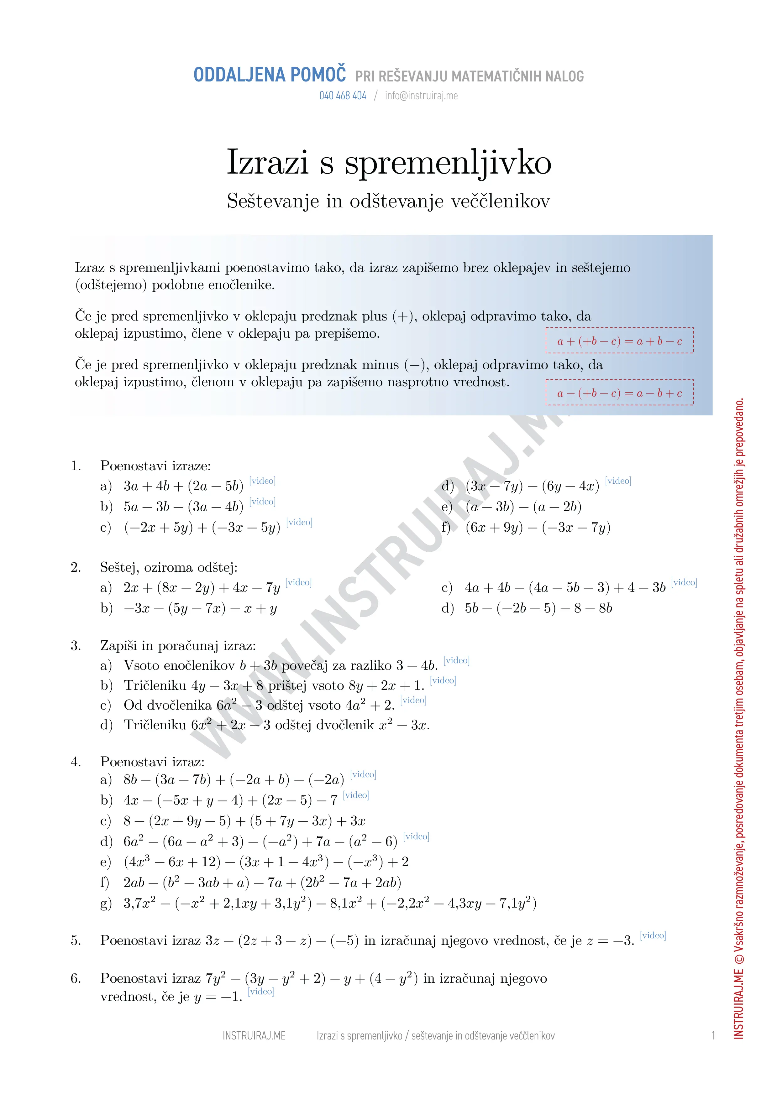 Izrazi s spremenljivko: Seštevanje in odštevanje veččlenikov