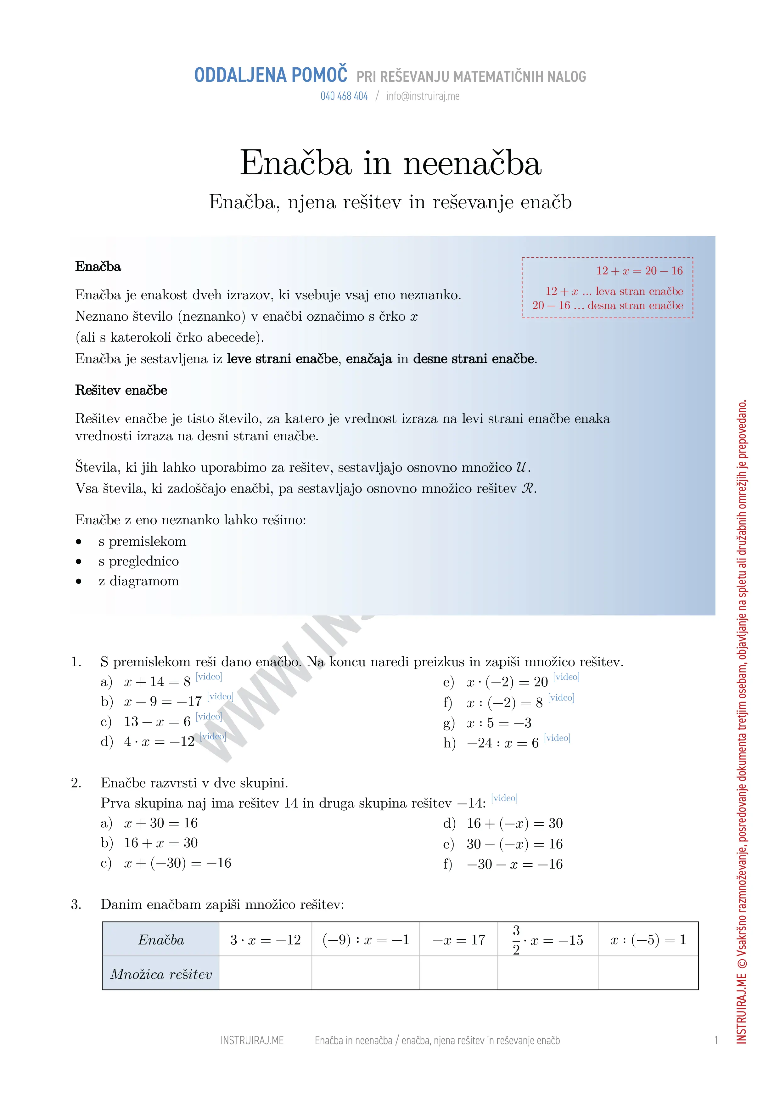 Enačba in neenačba: Enačba, njena rešitev in reševanje enačb