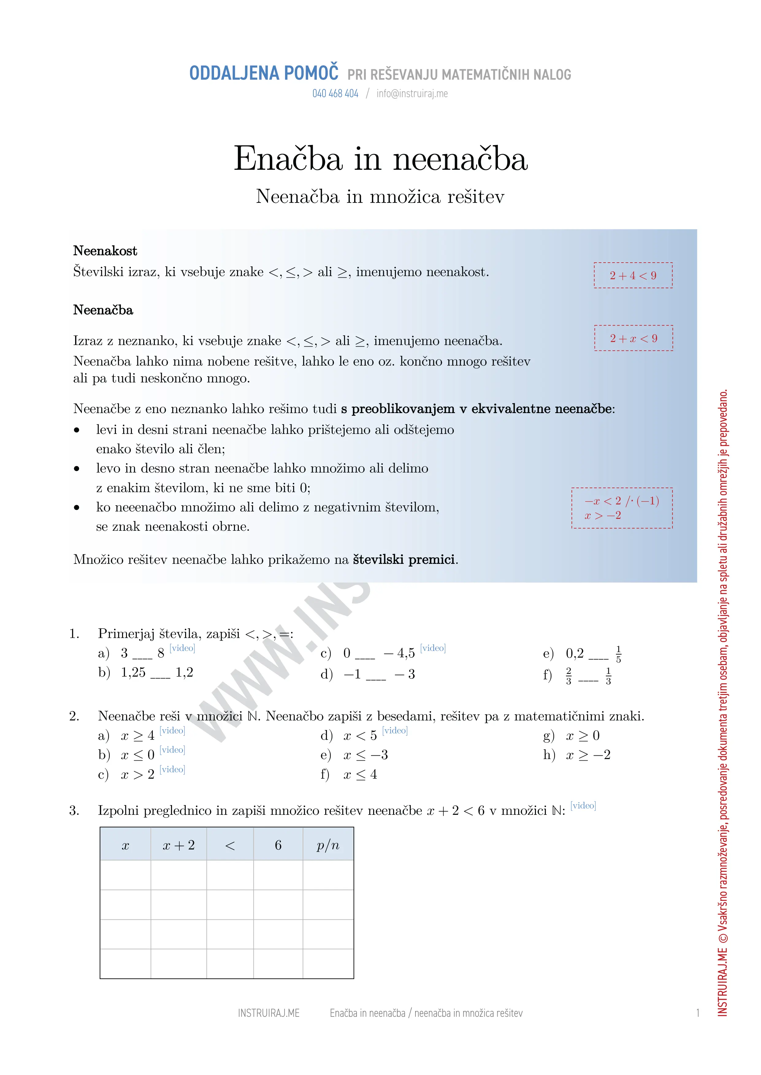 Enačba in neenačba: Neenačba in množica rešitev