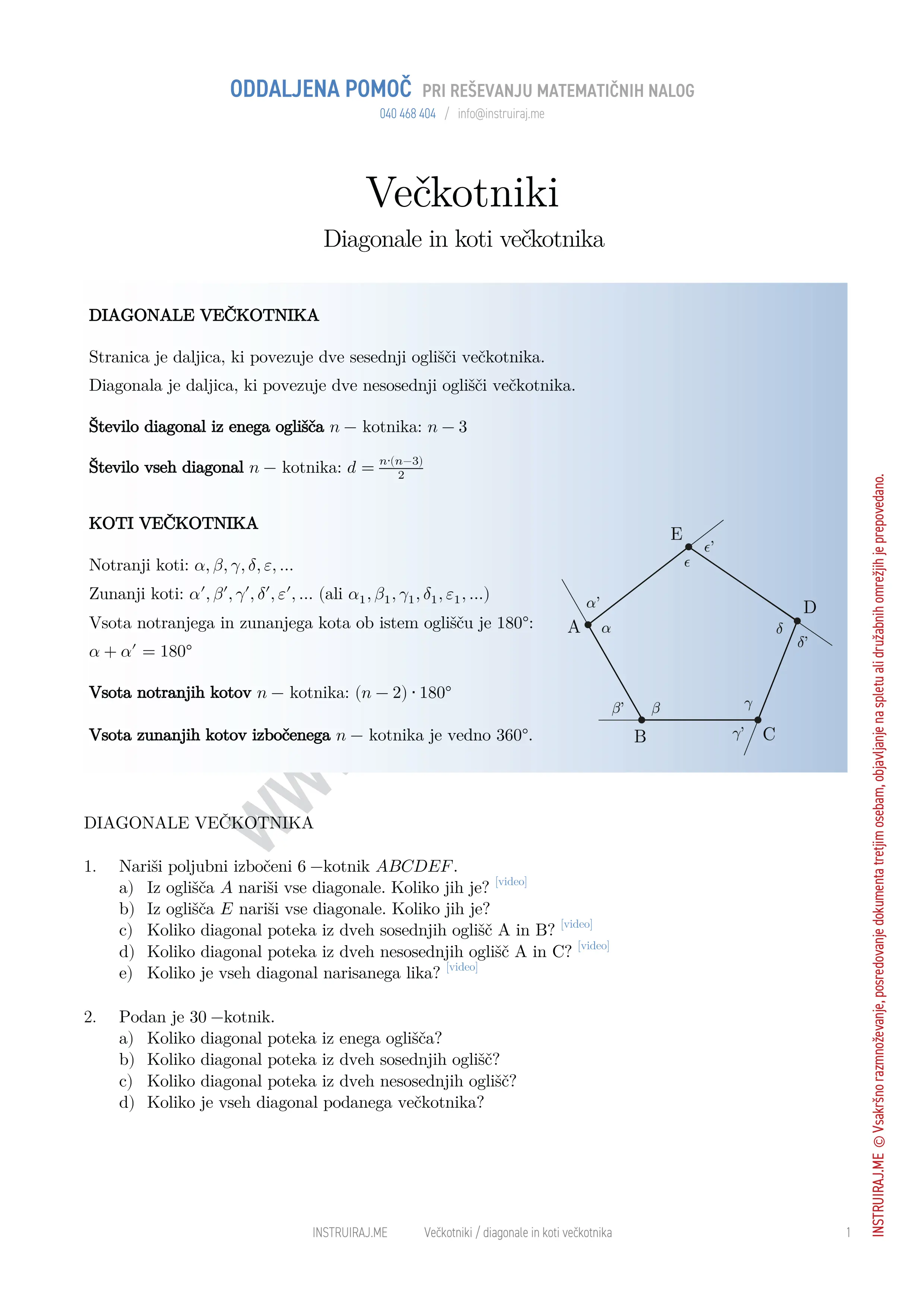 Večkotniki: Diagonale in koti večkotnika