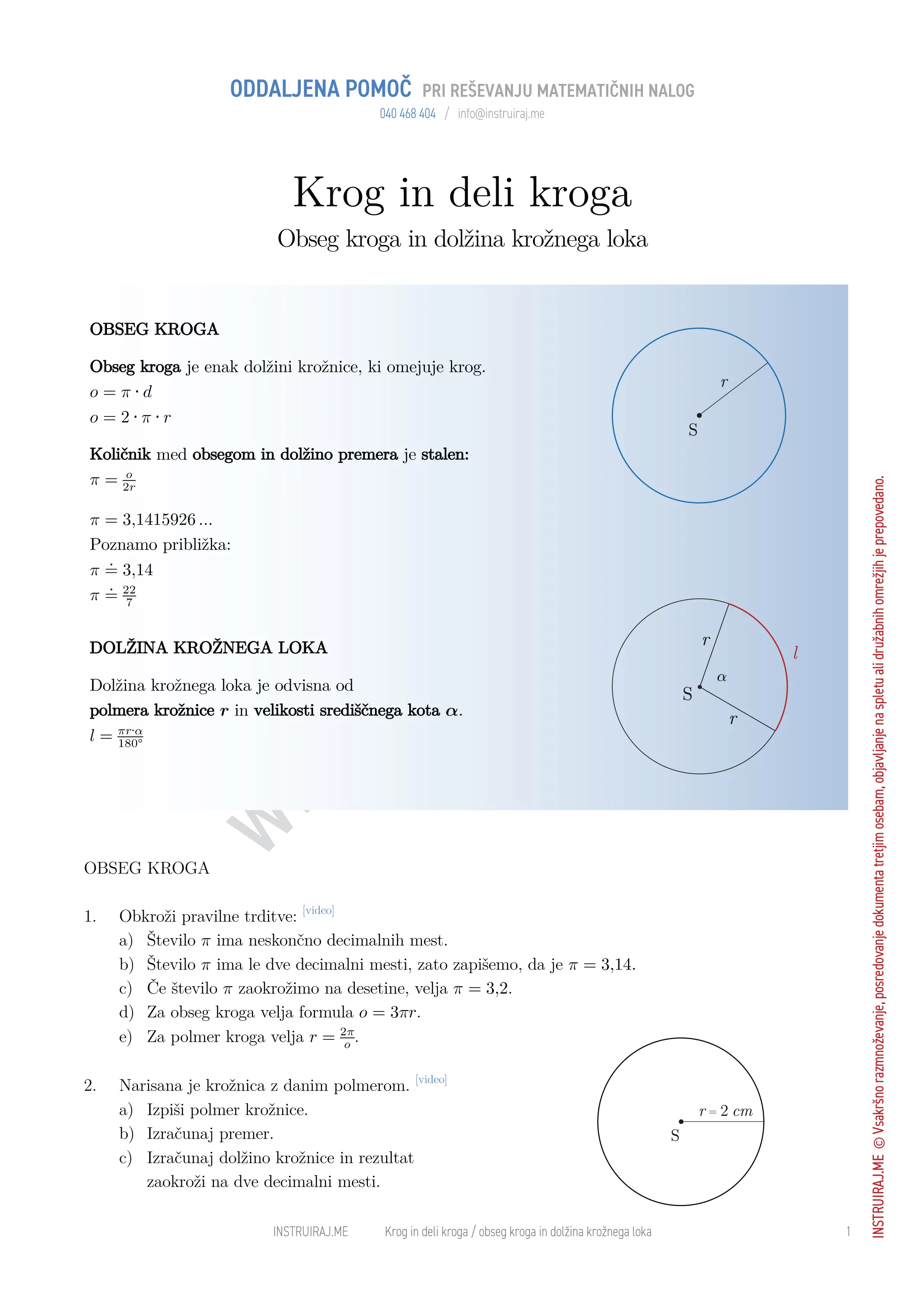 Krog in deli kroga: Obseg kroga in dolžina krožnega loka