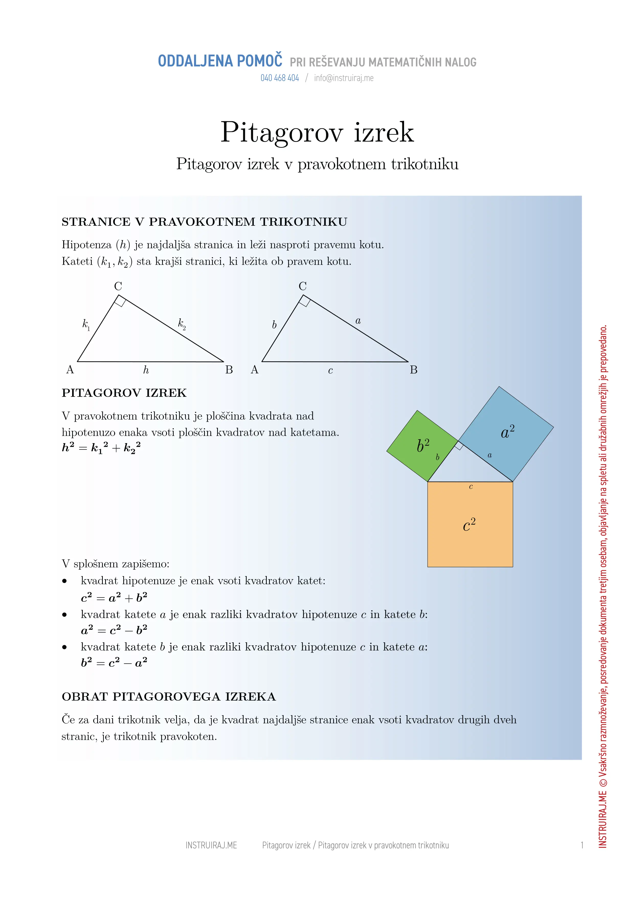 Pitagorov izrek: Pitagorov izrek v pravokotnem trikotniku