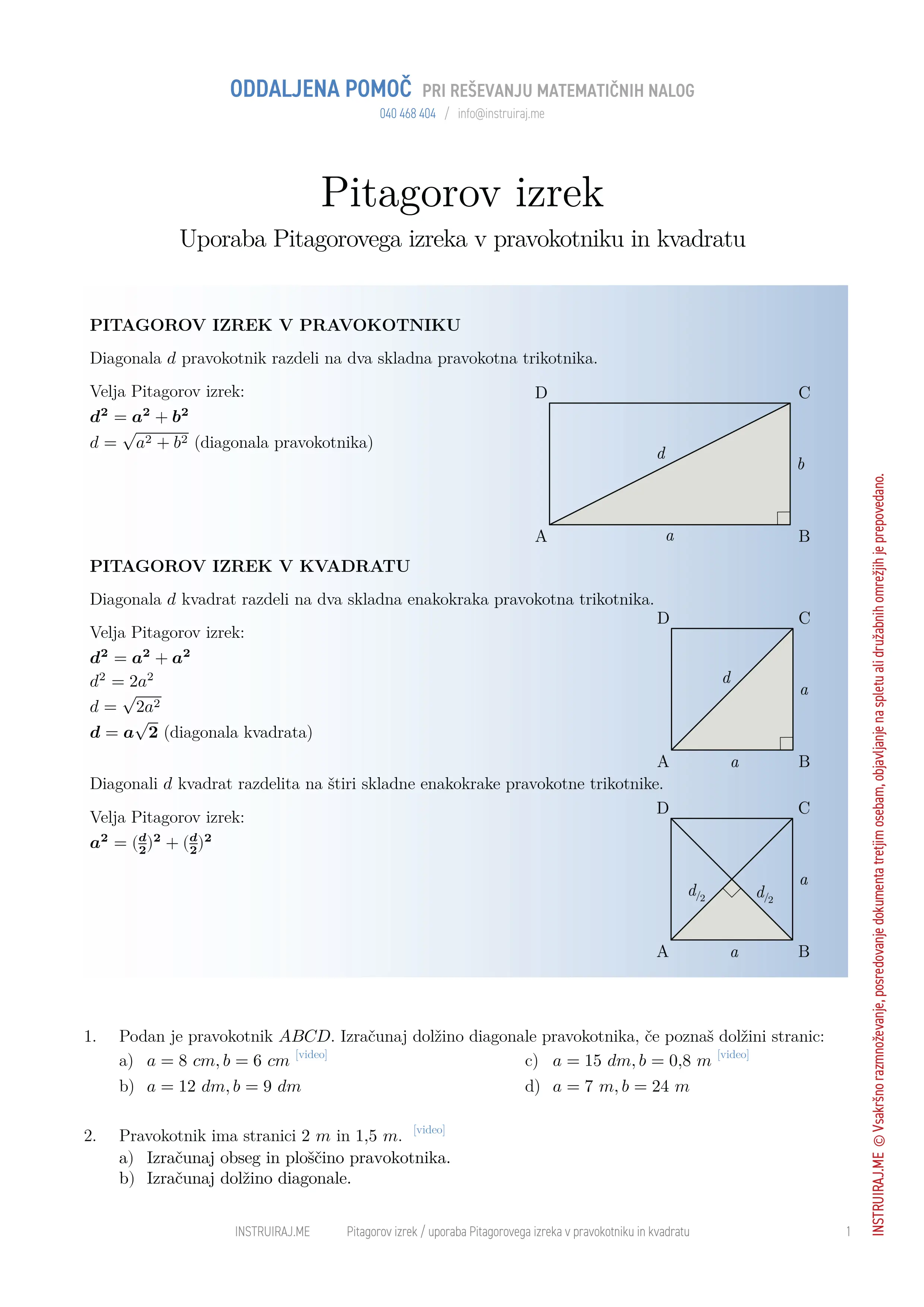Pitagorov izrek: Uporaba Pitagorovega izreka v pravokotniku in kvadratu