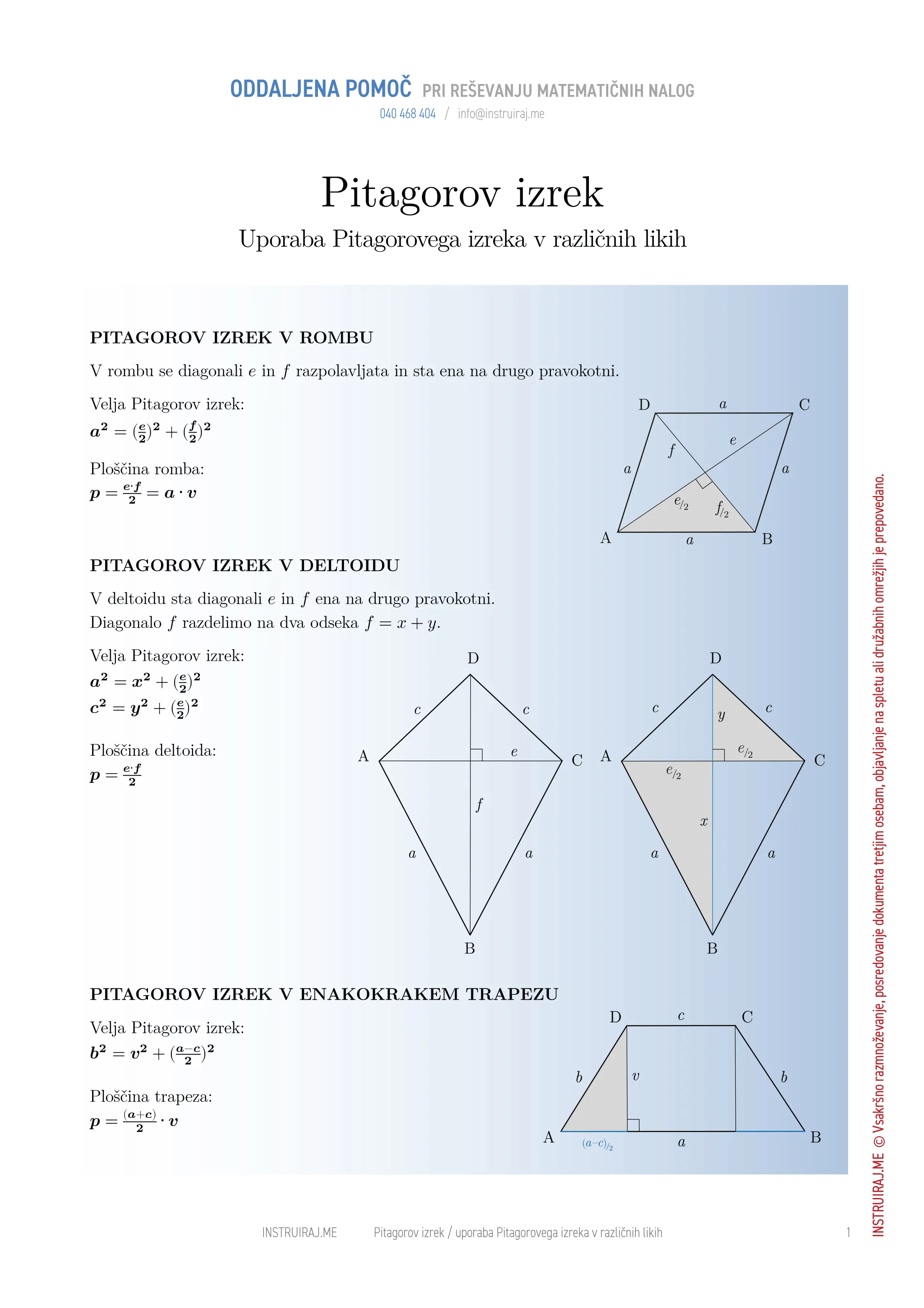 Pitagorov izrek: Uporaba Pitagorovega izreka v različnih likih
