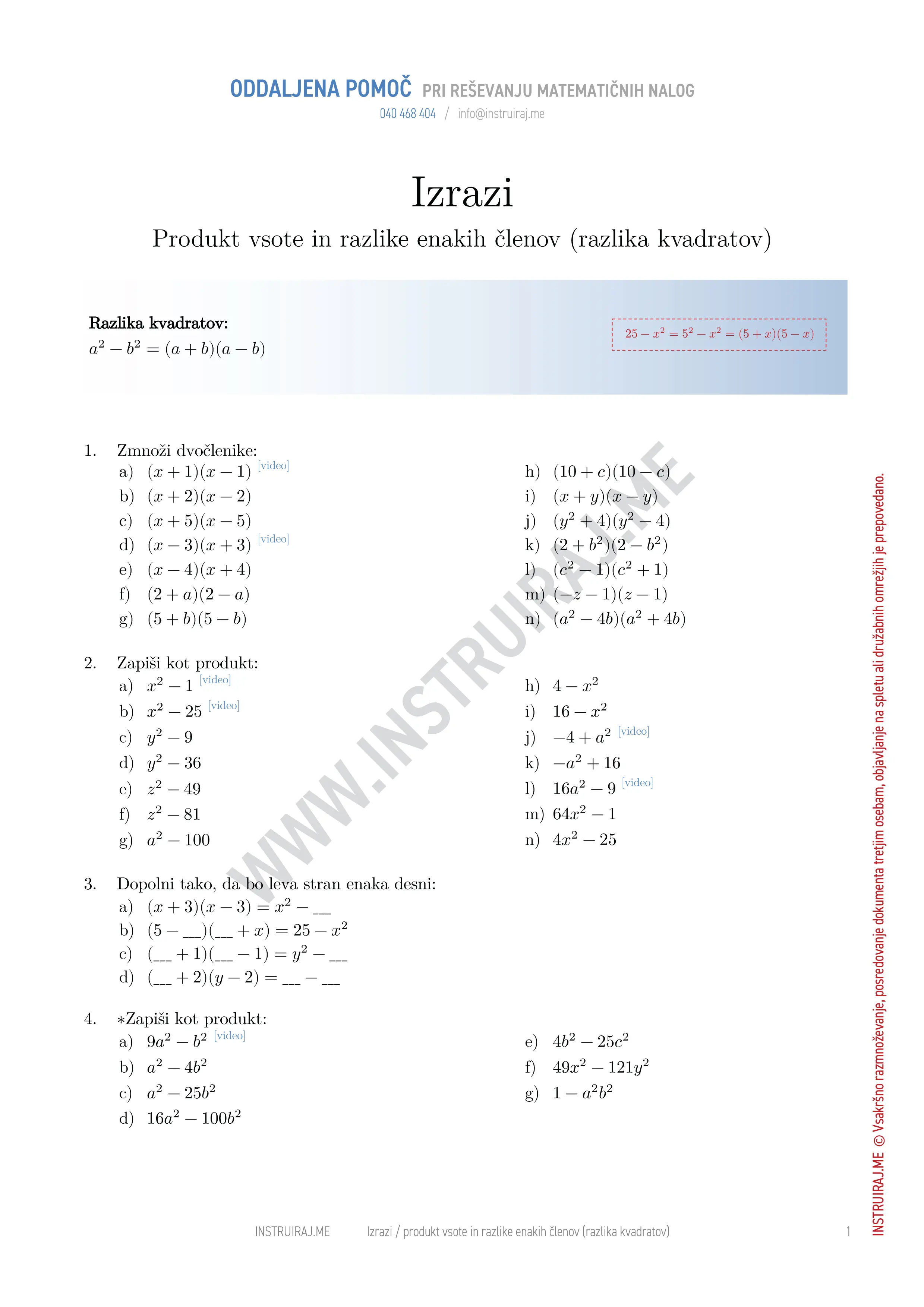 Izrazi: Produkt vsote in razlike enakih členov