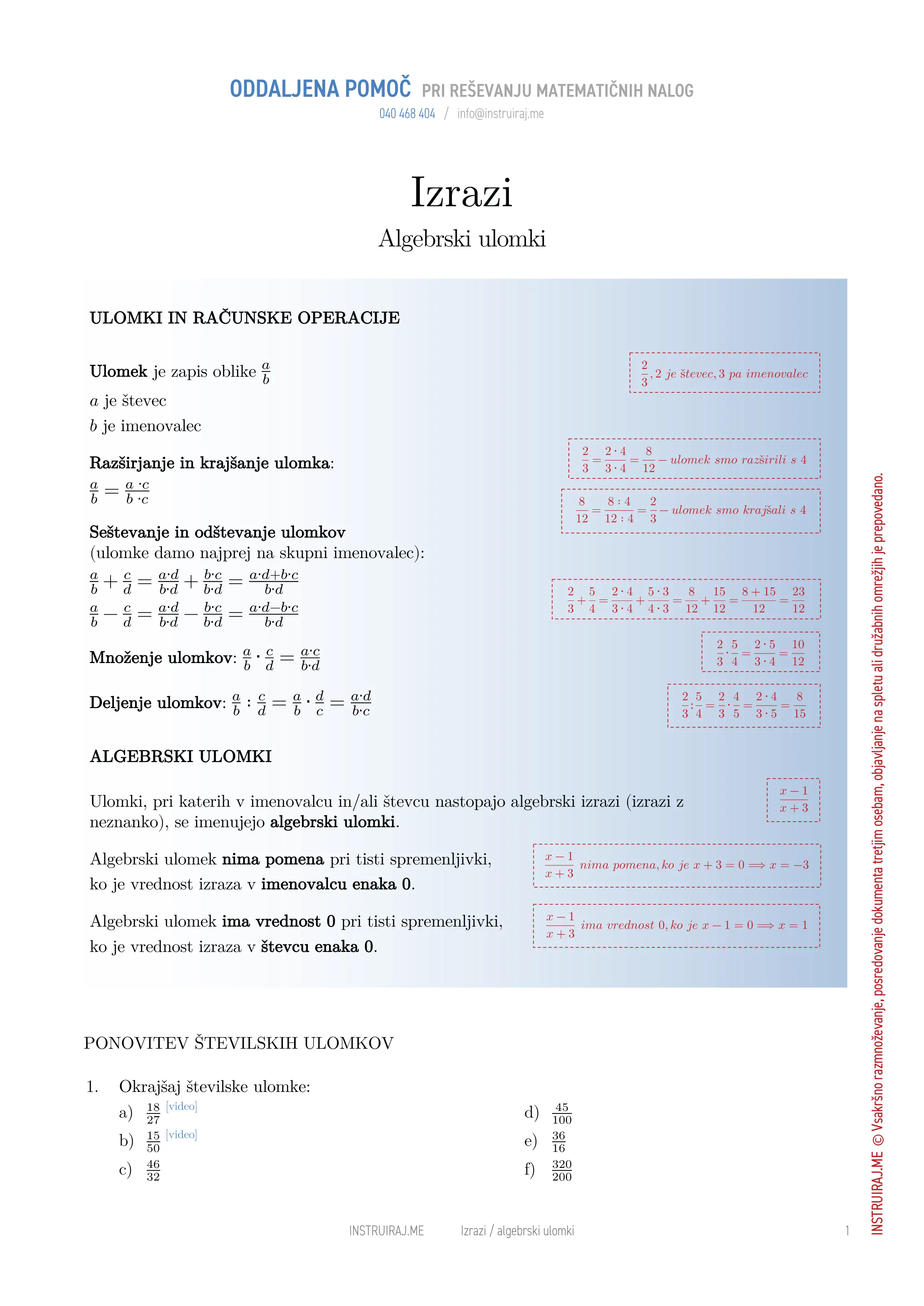 Izrazi: Algebrski ulomki