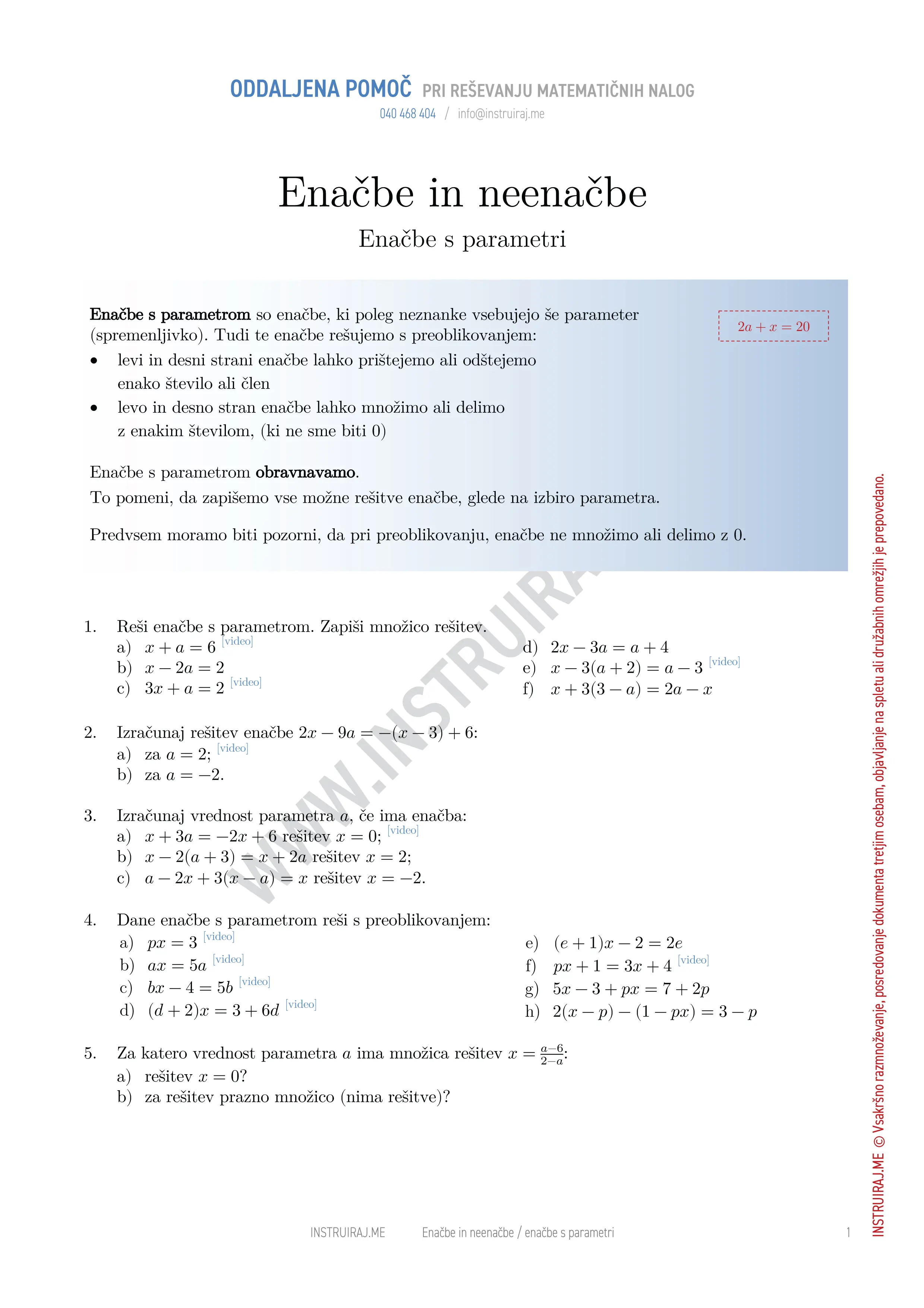 Enačbe in neenačbe: Enačbe s parametri