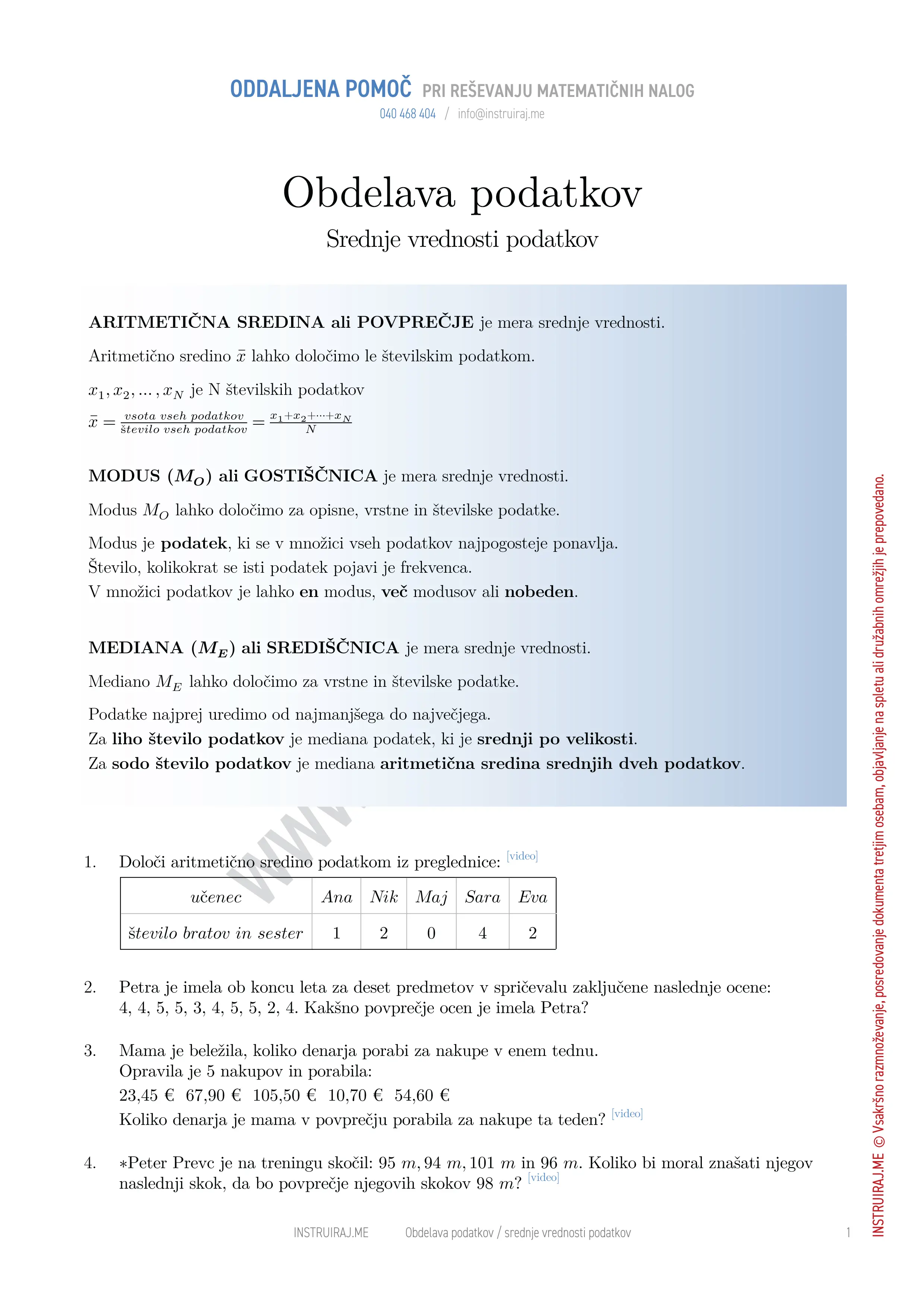 Obdelava podatkov: Srednje vrednosti podatkov
