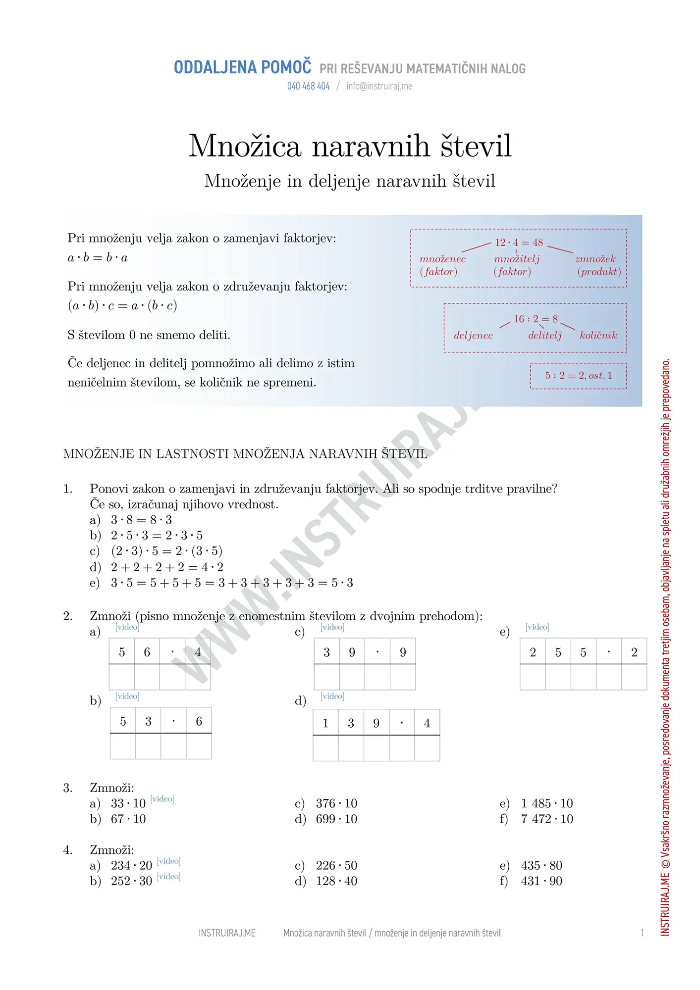 Množica naravnih števil: Množenje in deljenje naravnih števil