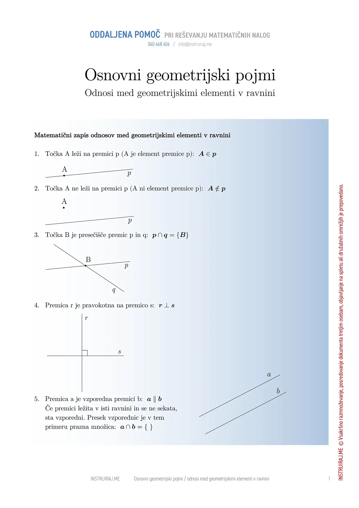 Osnovni geometrijski pojmi: Odnosi med geometrijskimi elementi v ravnini