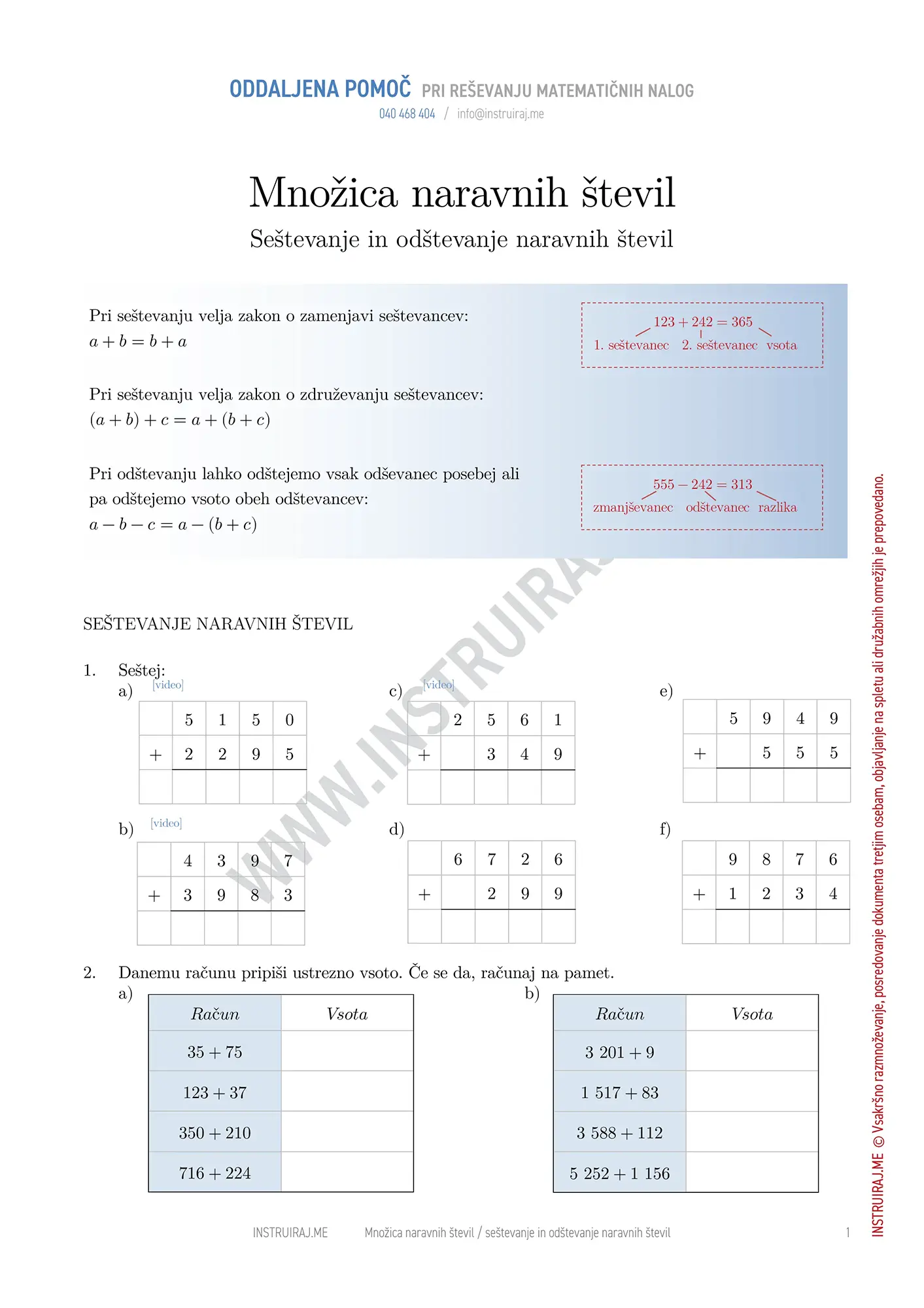 Seštevanje in odštevanje naravnih števil